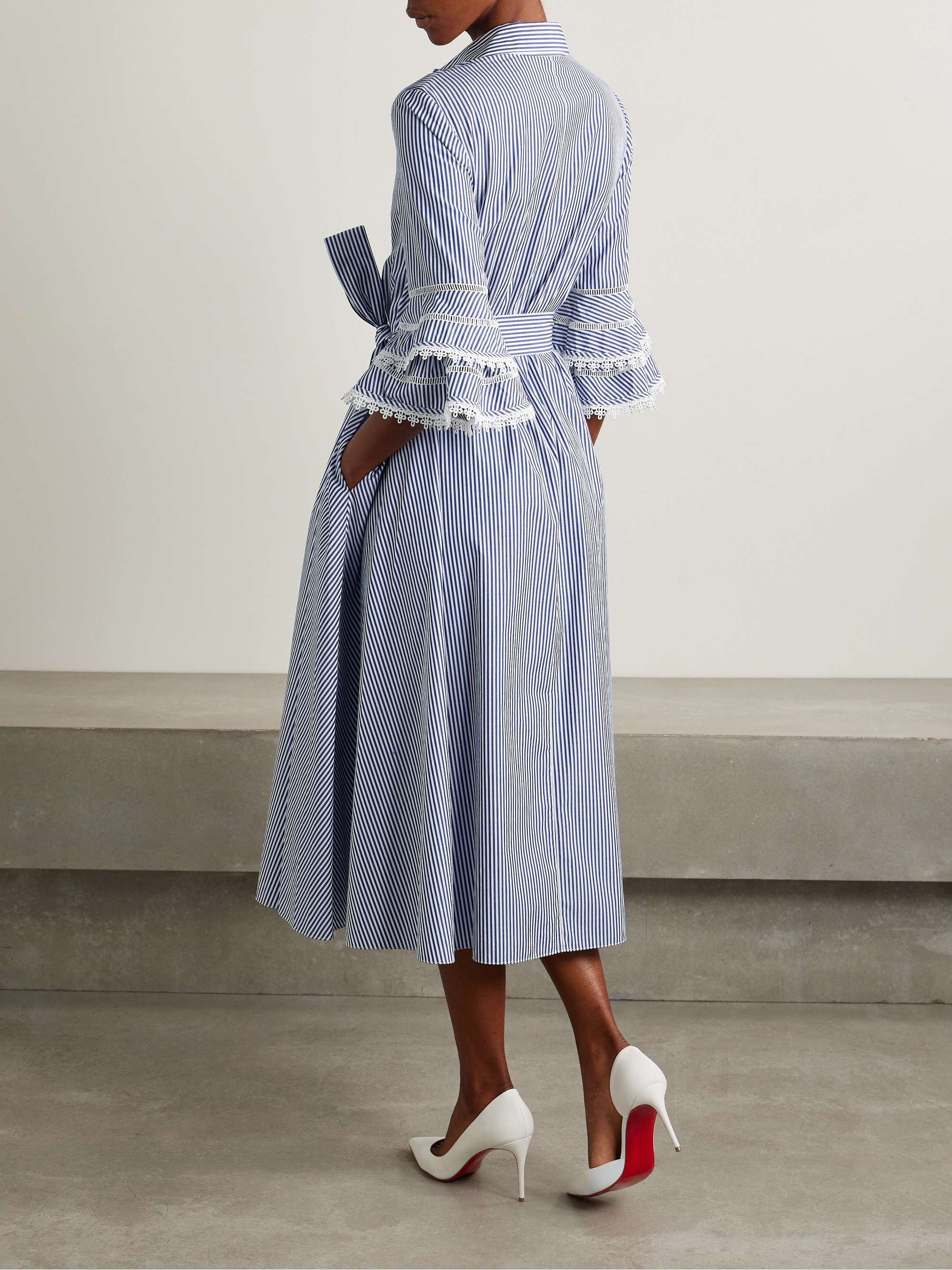 Belted guipure lace-trimmed striped cotton-poplin midi shirt dress view