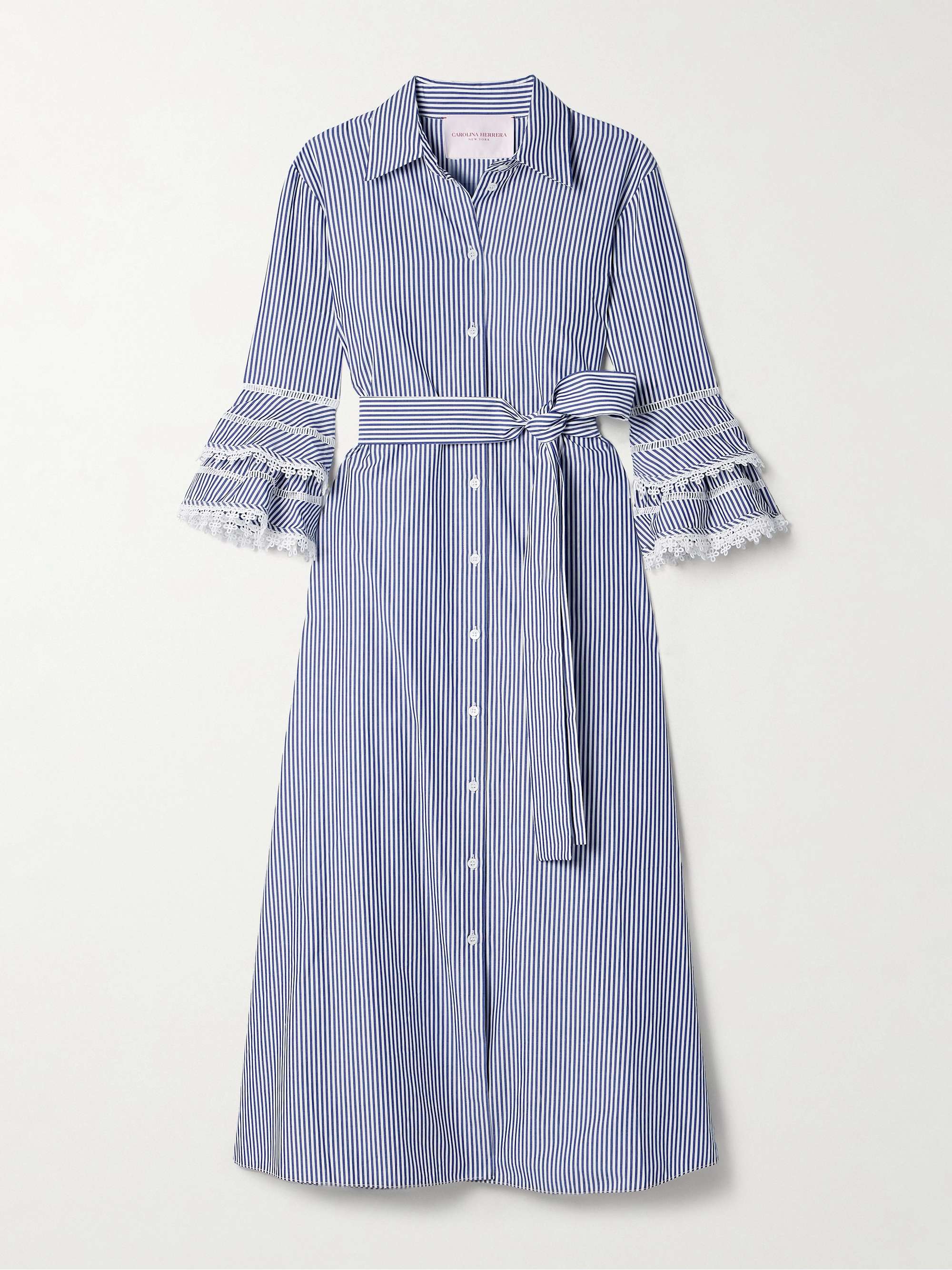 Belted guipure lace-trimmed striped cotton-poplin midi shirt dress view
