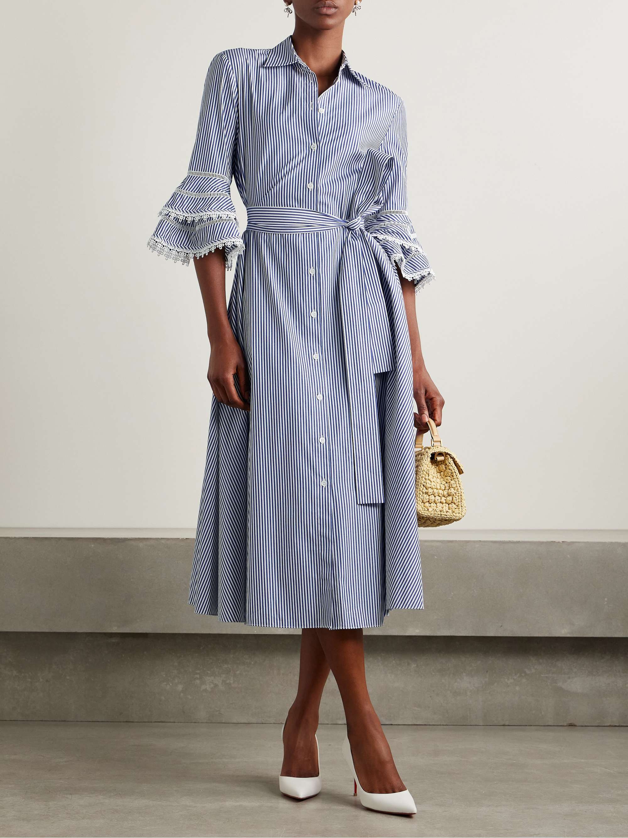 Belted guipure lace-trimmed striped cotton-poplin midi shirt dress view