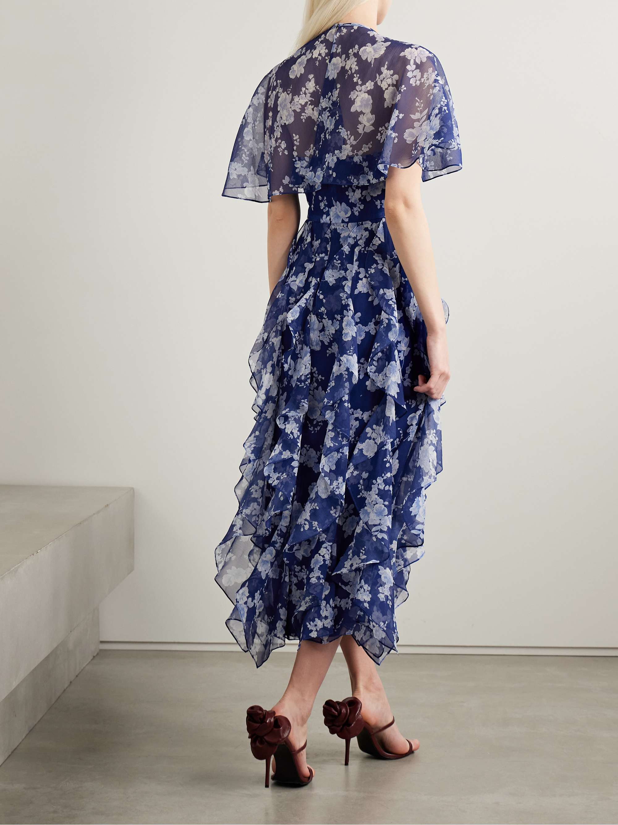 Cape-effect ruffled floral-print silk-crepon midi dress view