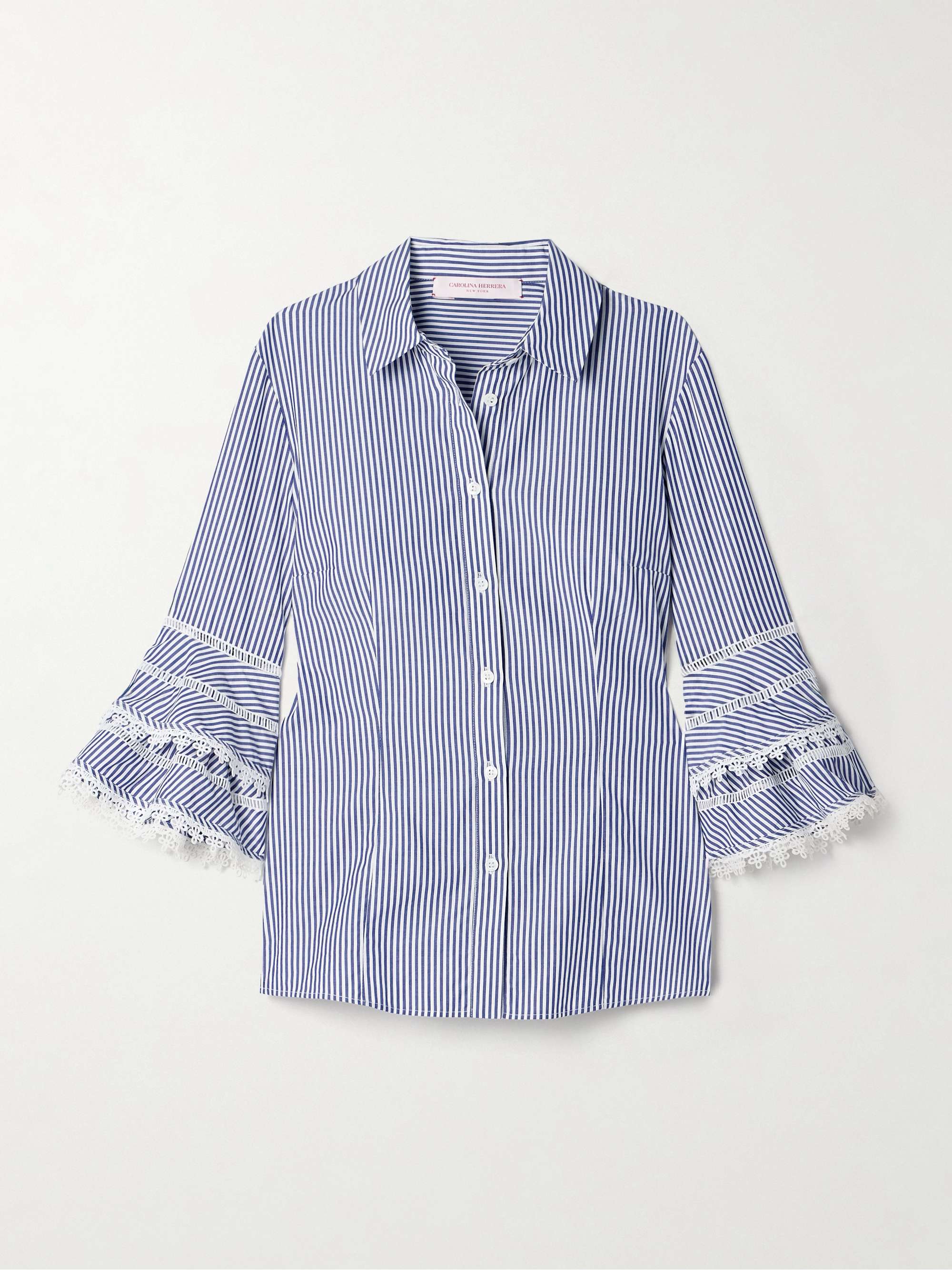 Ruffled guipure lace-trimmed striped cotton-poplin shirt view
