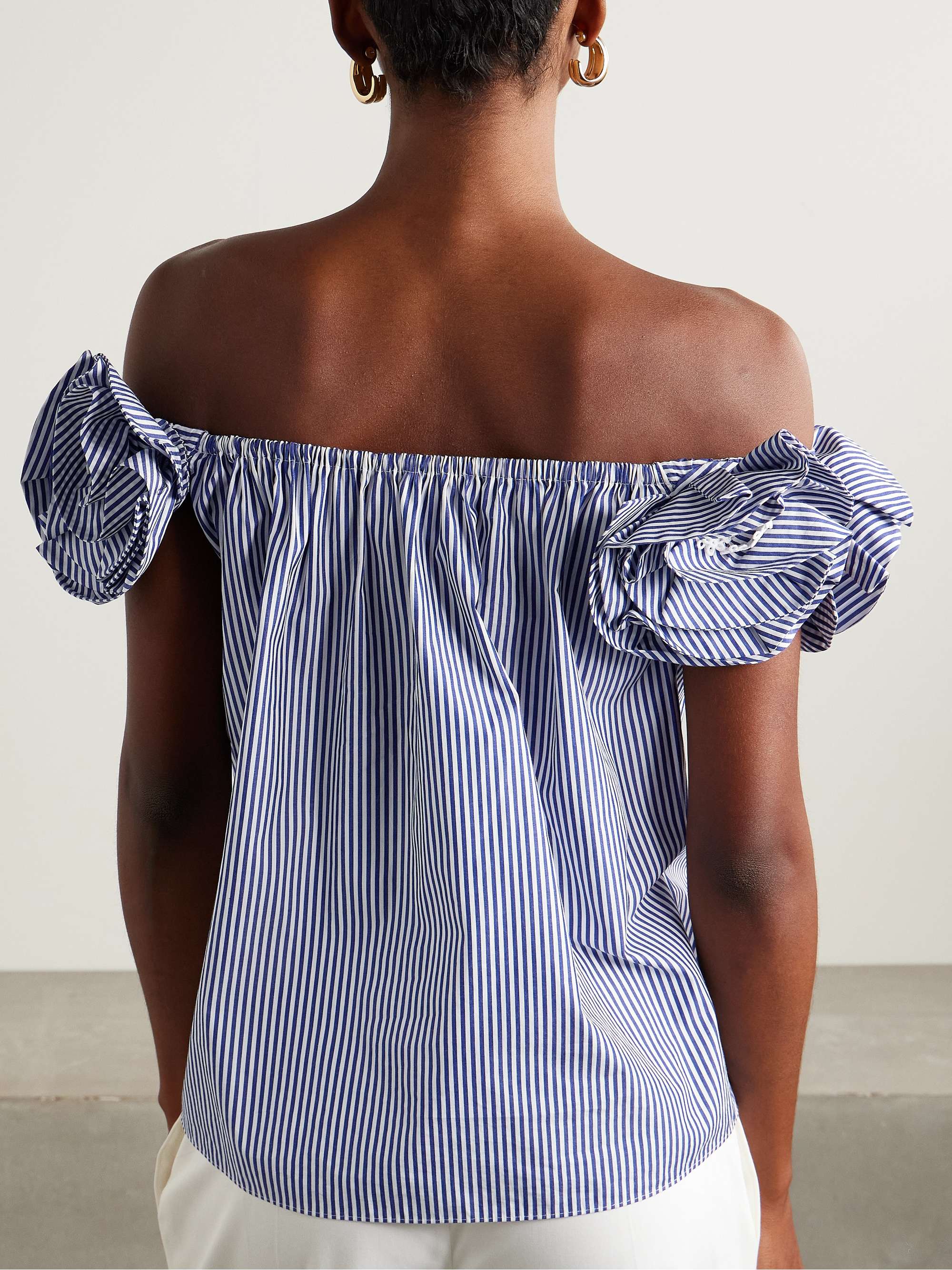 Ruffled off-the-shoulder striped cotton-poplin top view