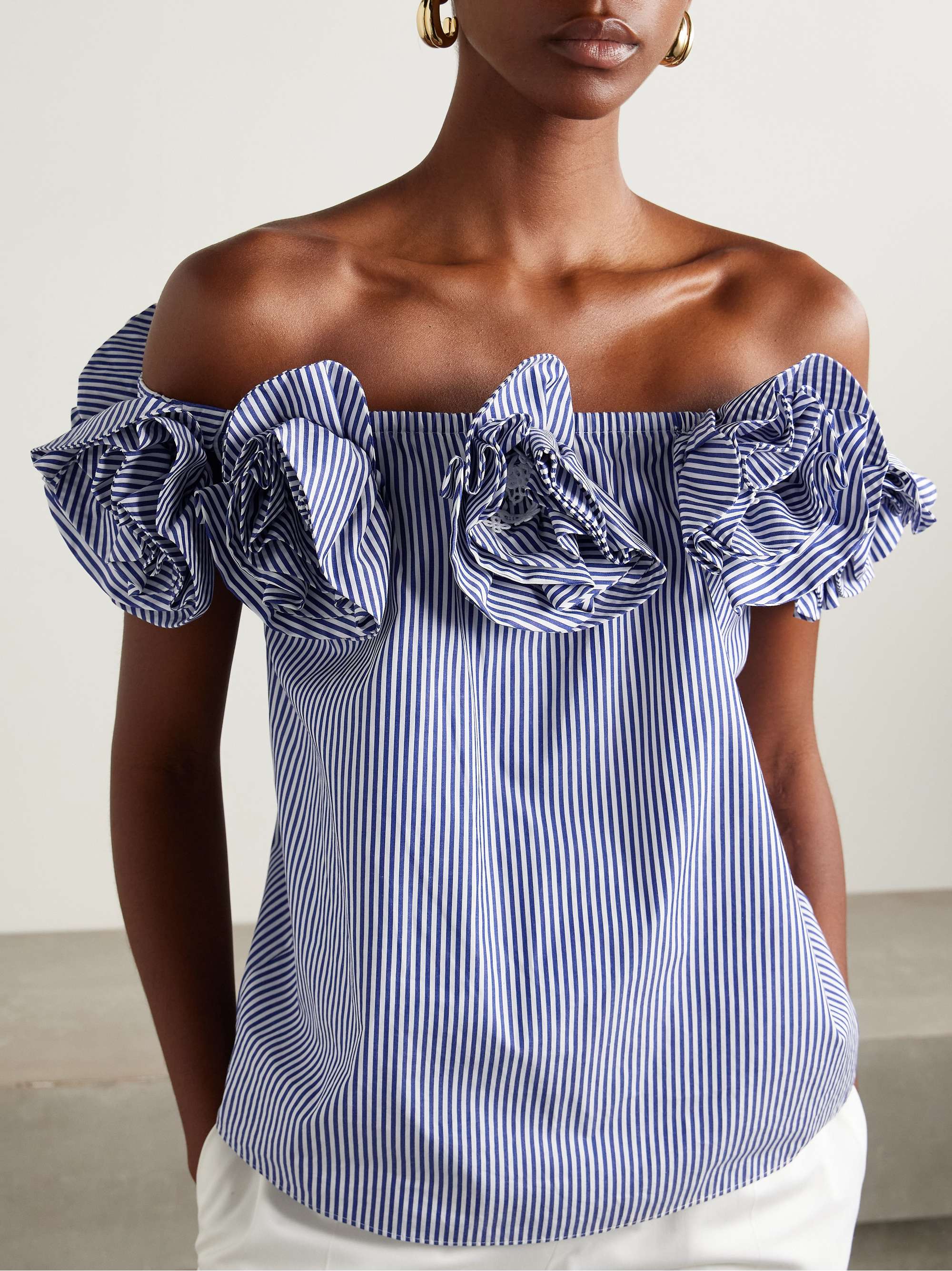 Ruffled off-the-shoulder striped cotton-poplin top view