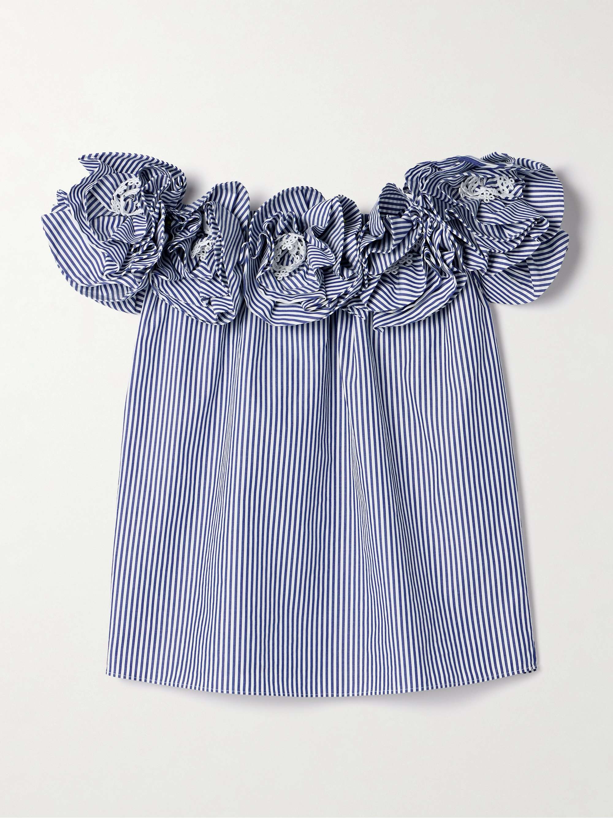 Ruffled off-the-shoulder striped cotton-poplin top view