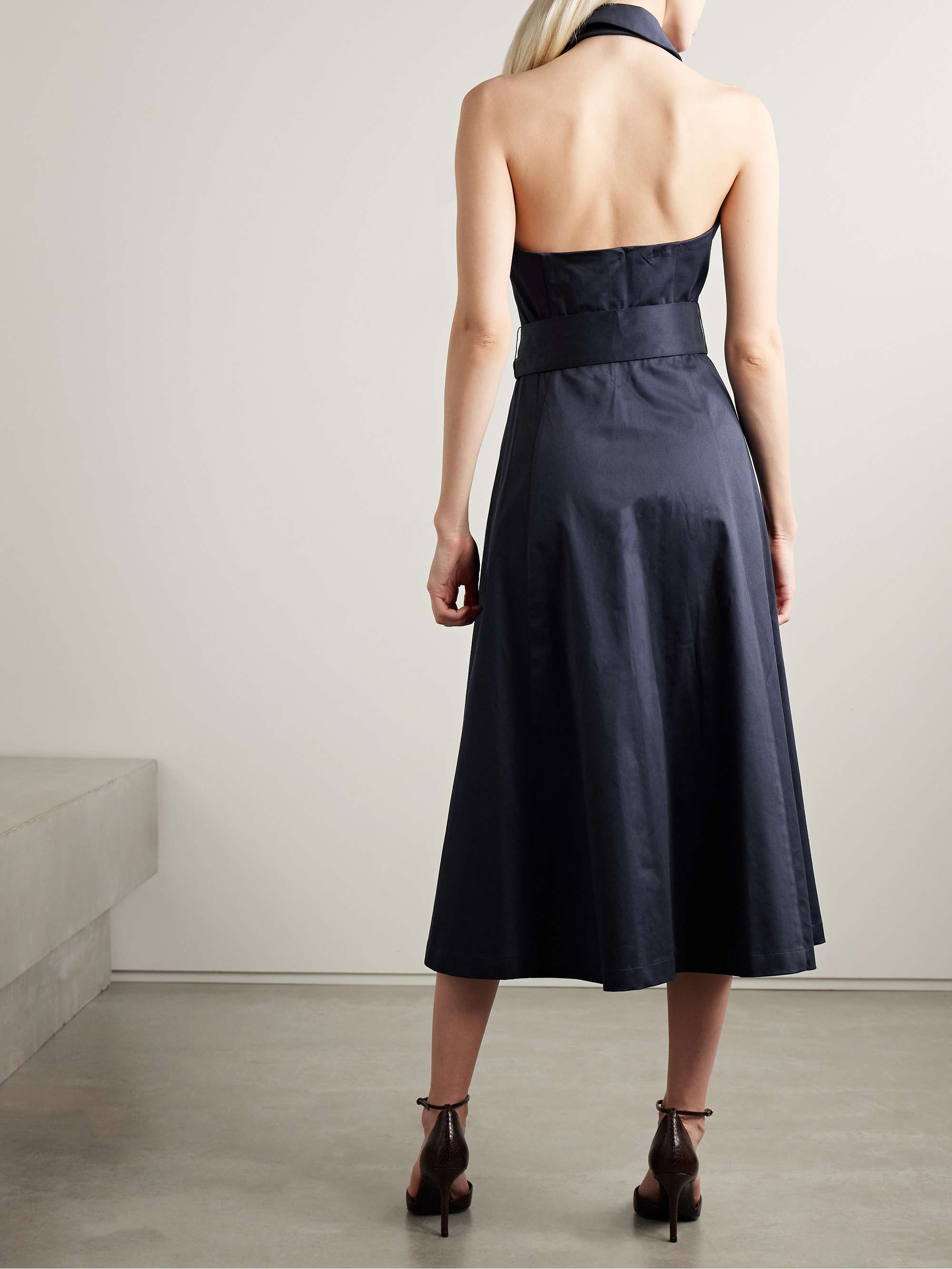 Belted cotton-blend sateen halterneck midi shirt dress view