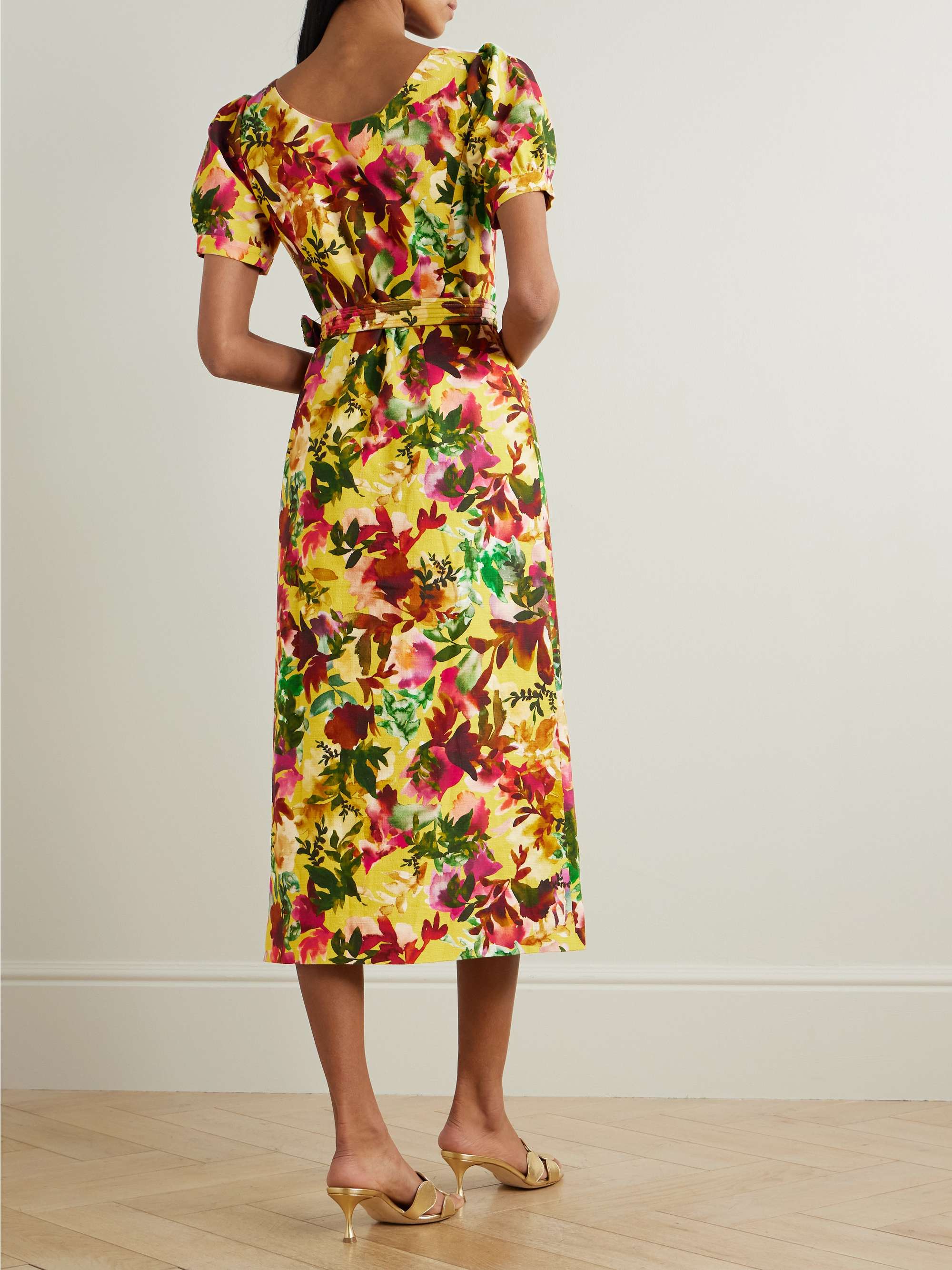 Blanca belted embellished floral-print cotton-dupioni midi dress view