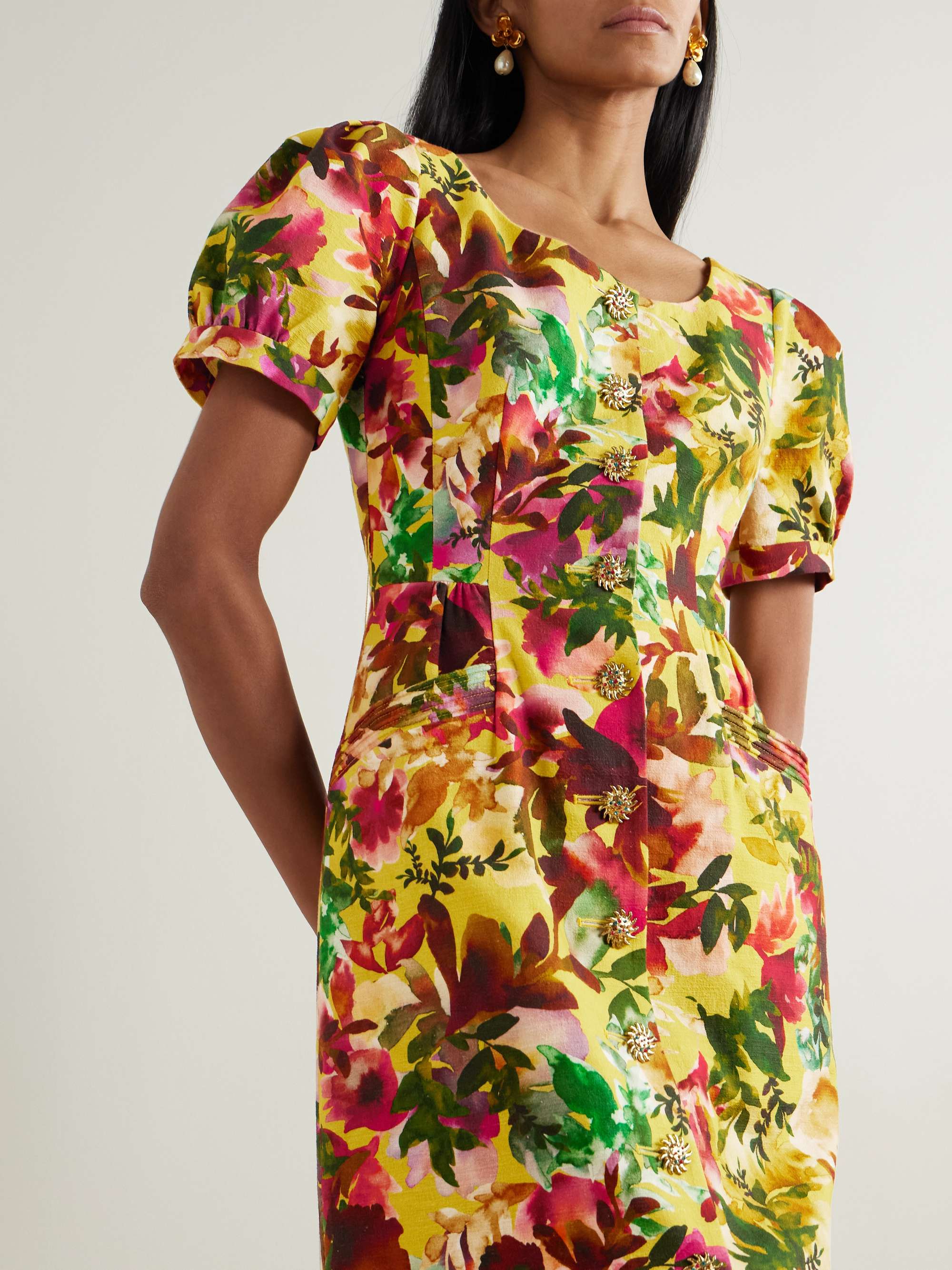 Blanca belted embellished floral-print cotton-dupioni midi dress view