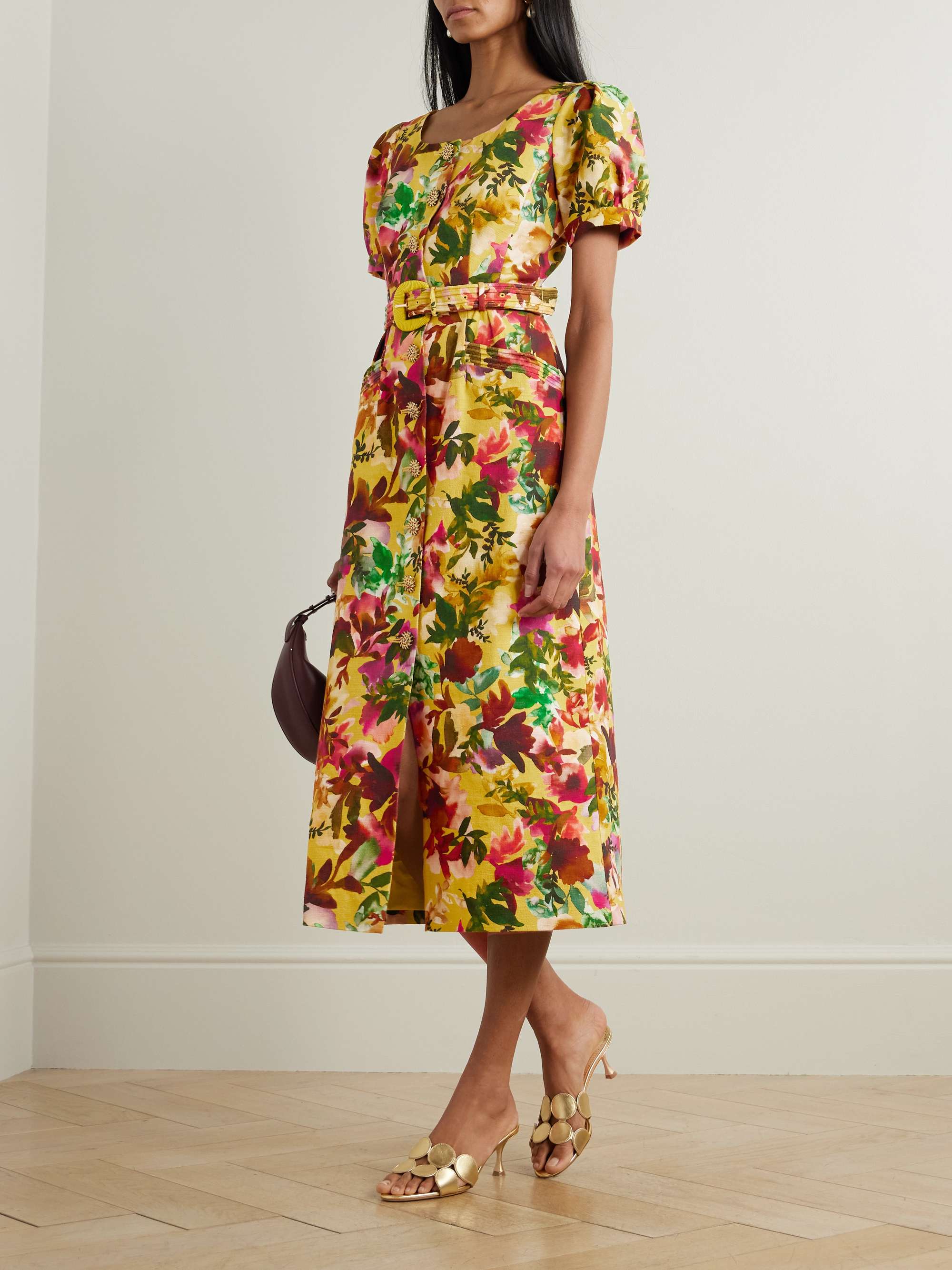 Blanca belted embellished floral-print cotton-dupioni midi dress view