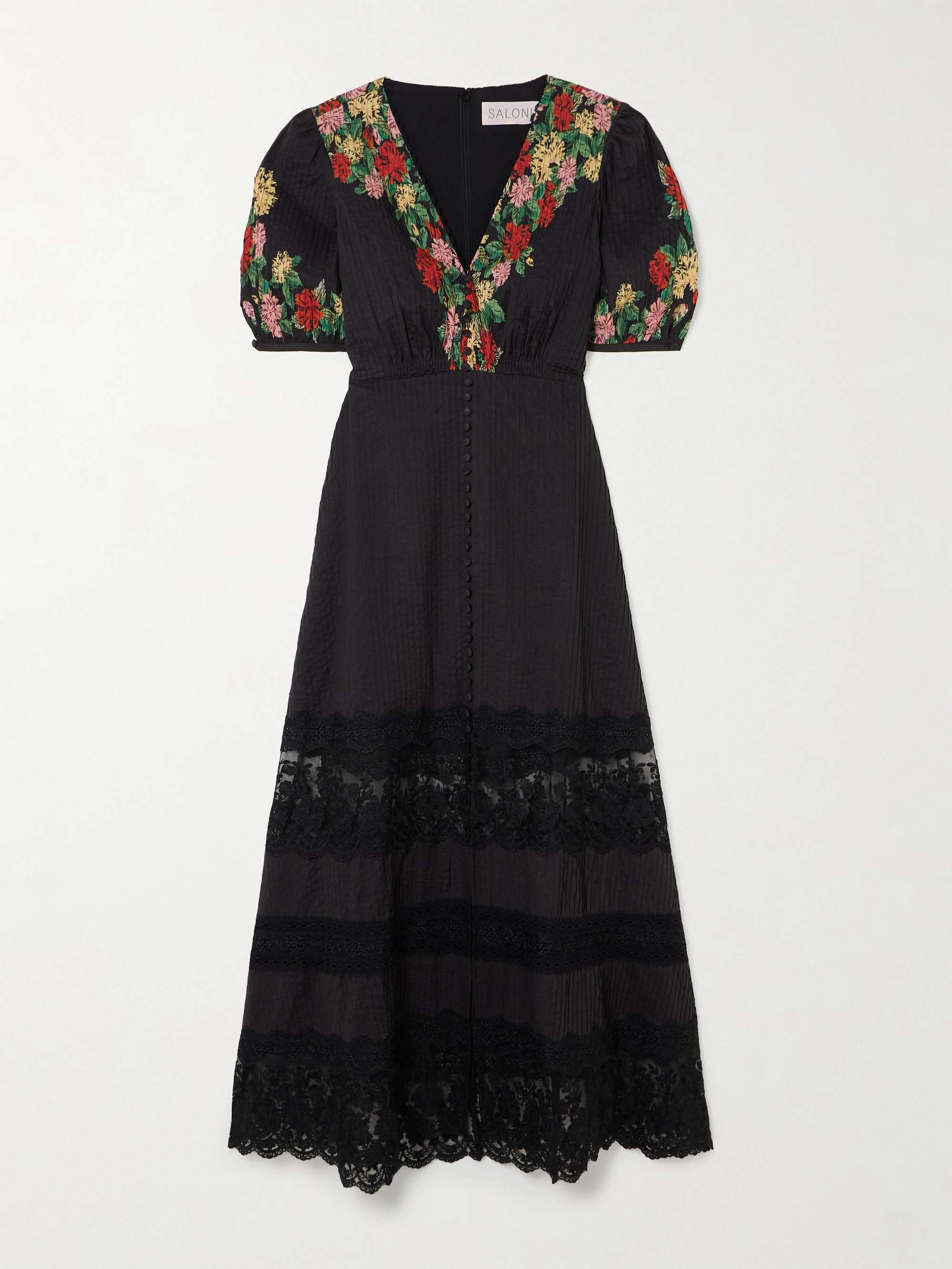 Lea lace-trimmed floral-print pintucked cotton-voile midi dress view