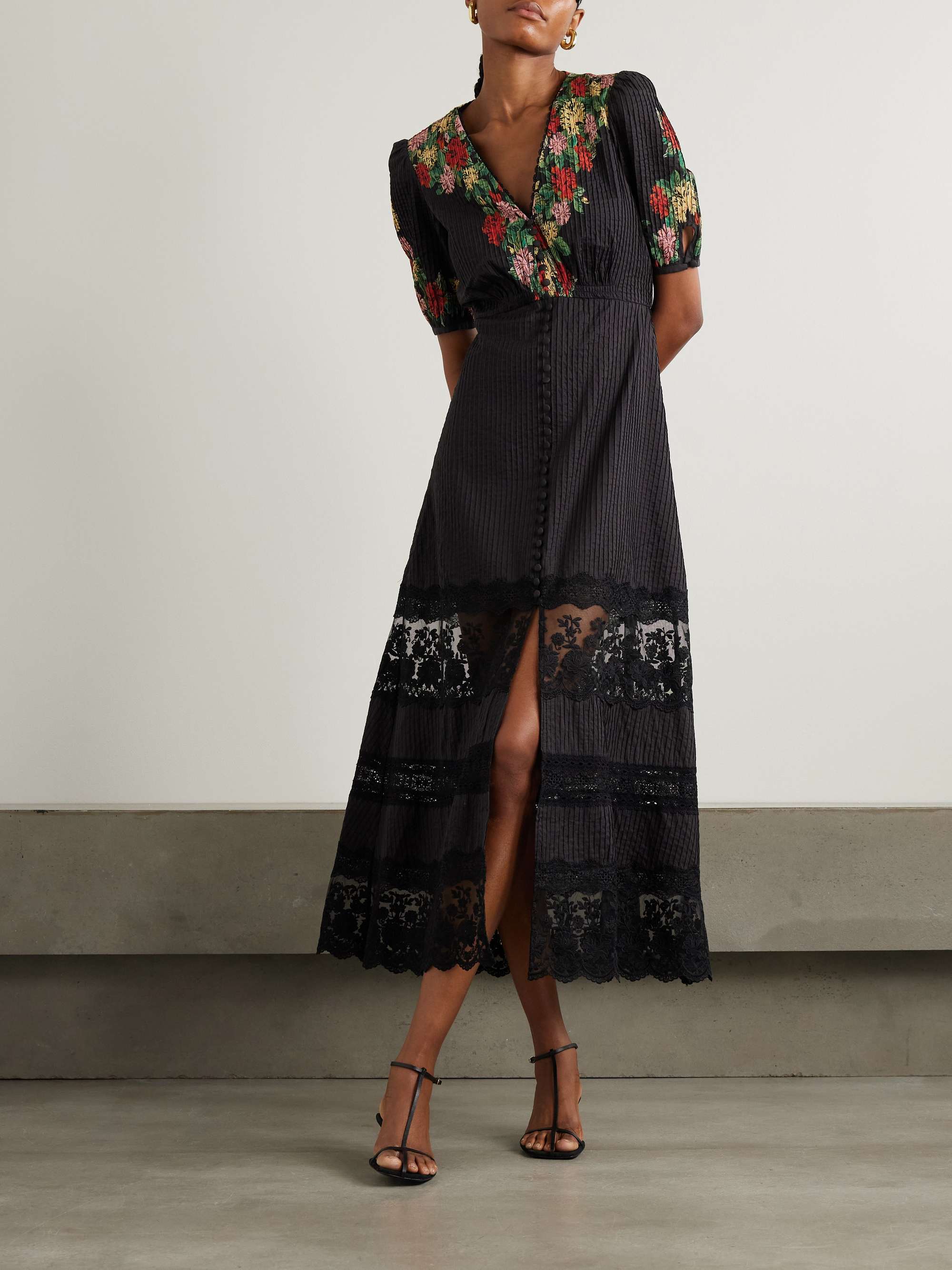 Lea lace-trimmed floral-print pintucked cotton-voile midi dress view