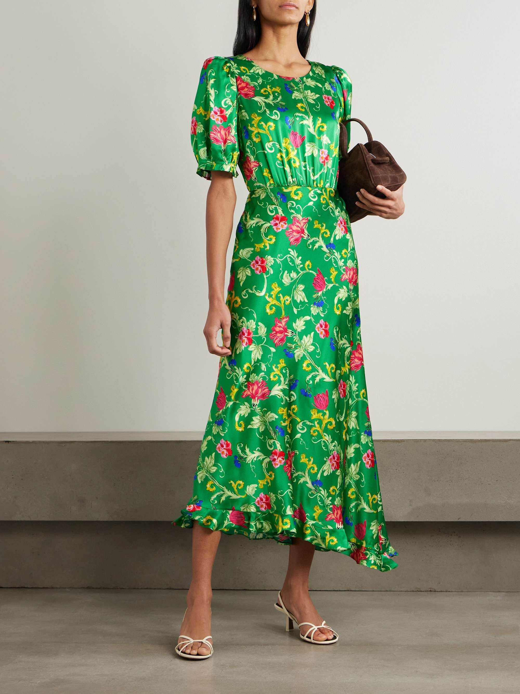 Vida D ruffled floral-print silk-satin dress view