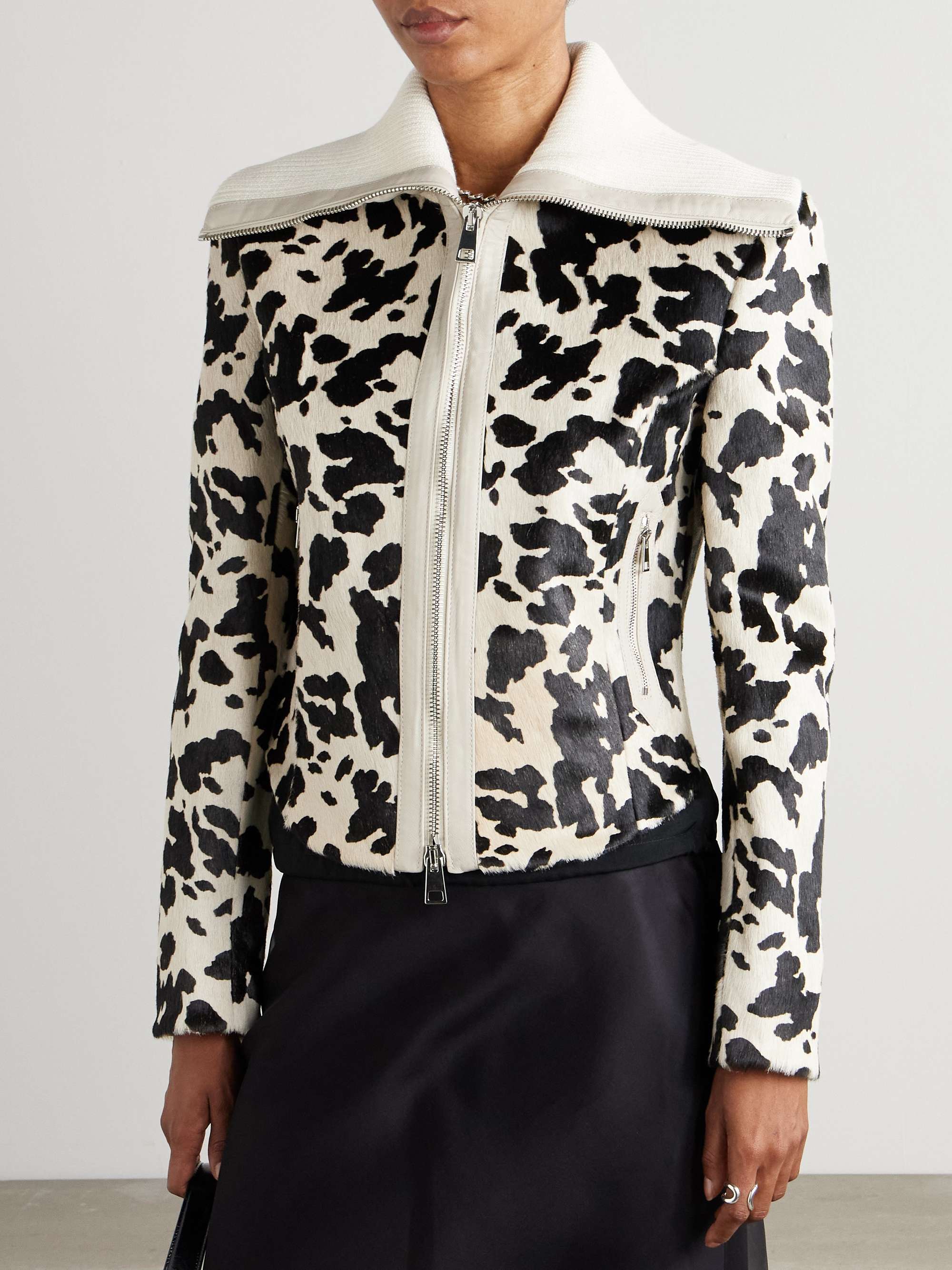 Ribbed cropped wool-trimmed animal-print goat hair jacket view