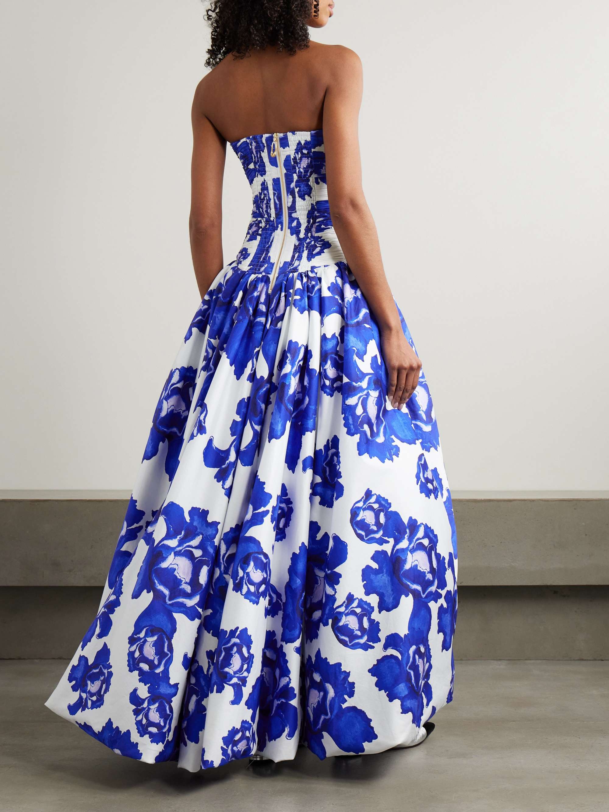Behold strapless ruched floral-print cotton-poplin gown view