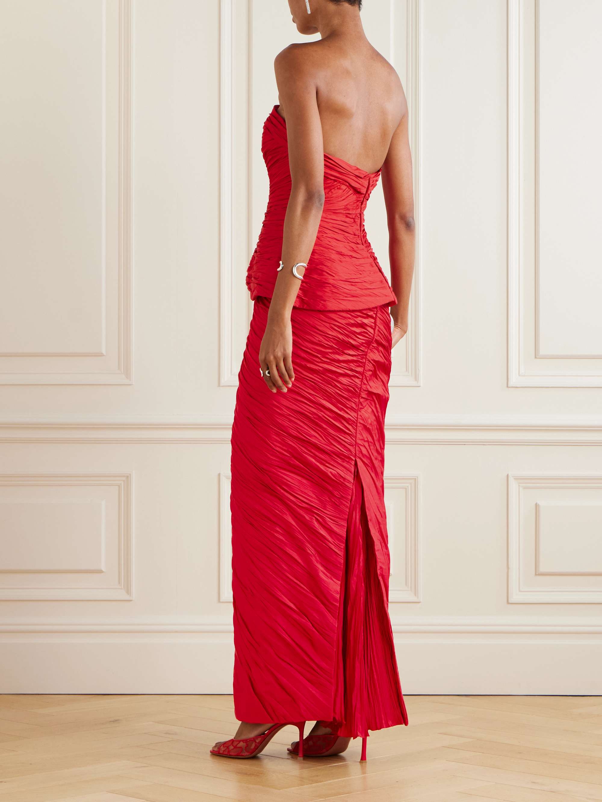Strapless gathered plissé-taffeta gown view