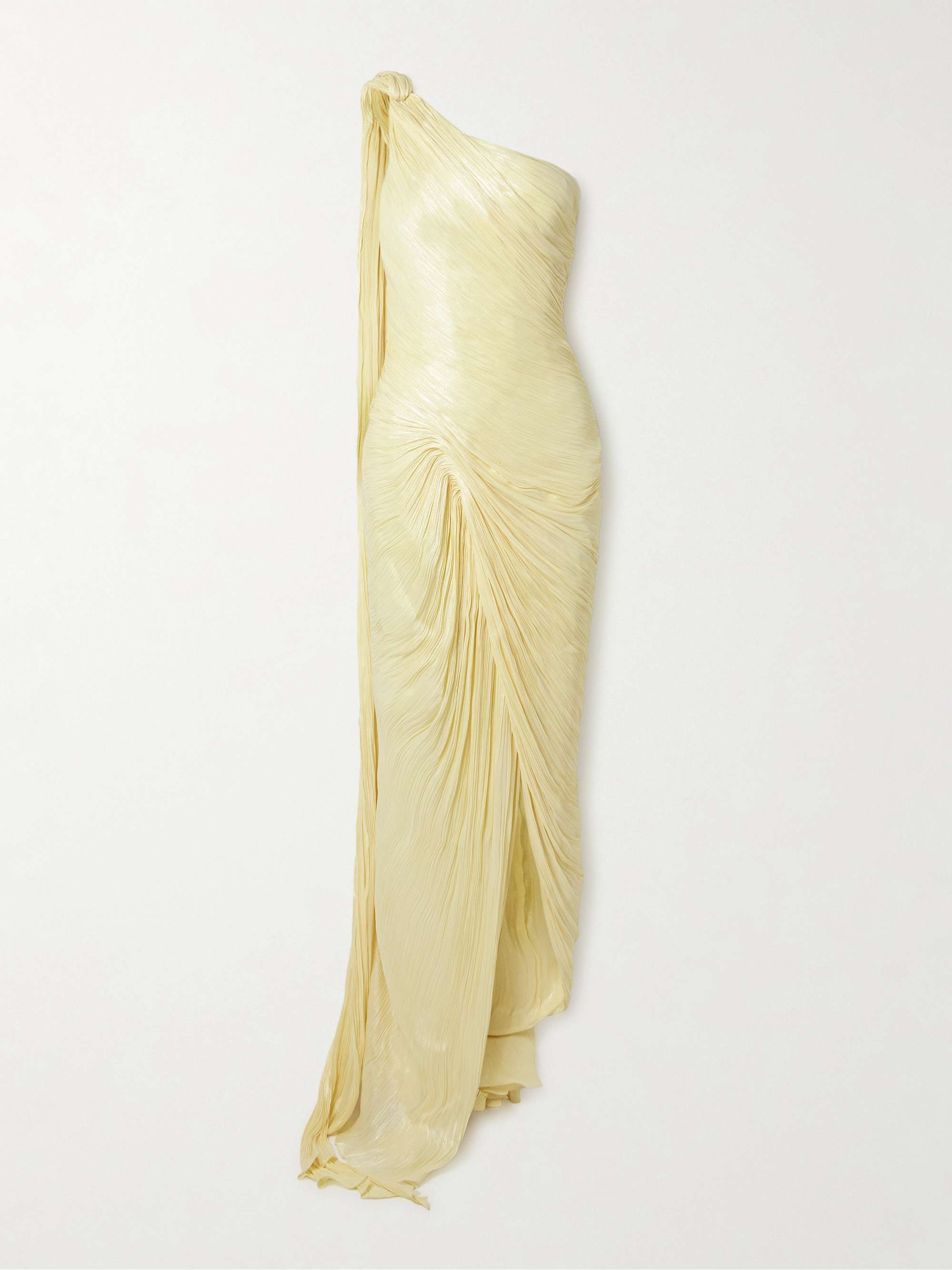 One-shoulder draped plissé-silk gown view