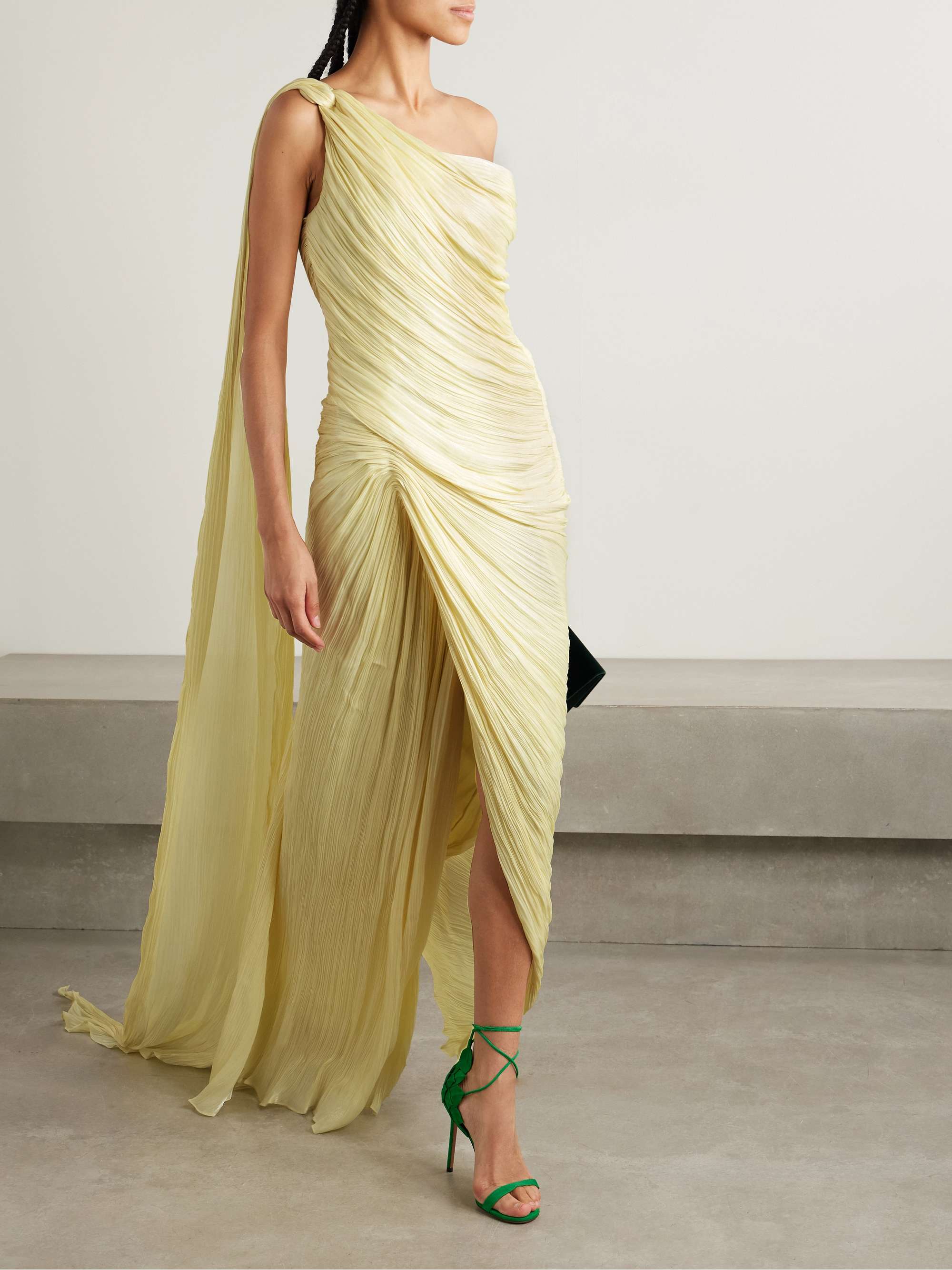 One-shoulder draped plissé-silk gown view
