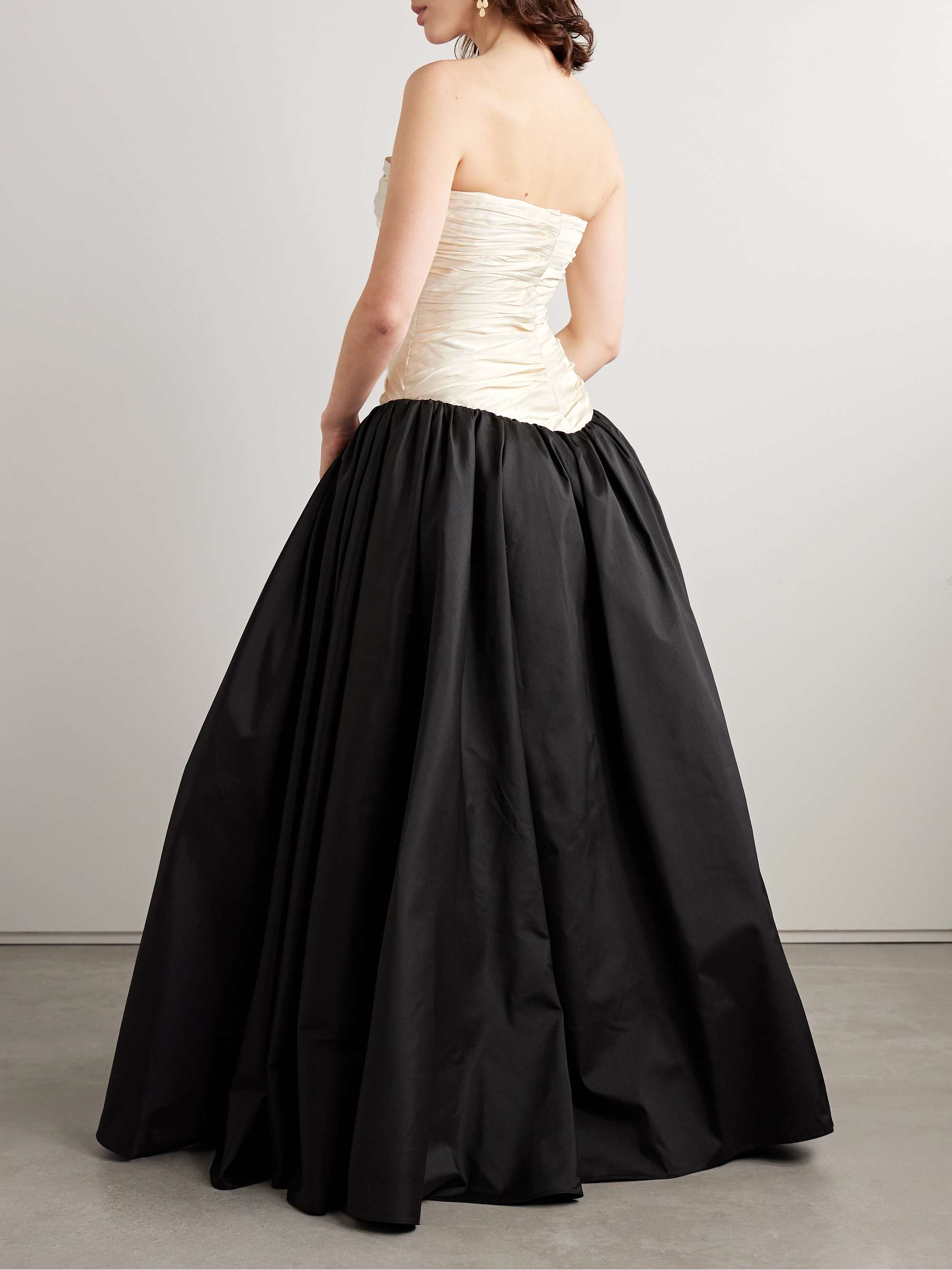 Strapless two-tone gathered plissé-mikado and taffeta gown view