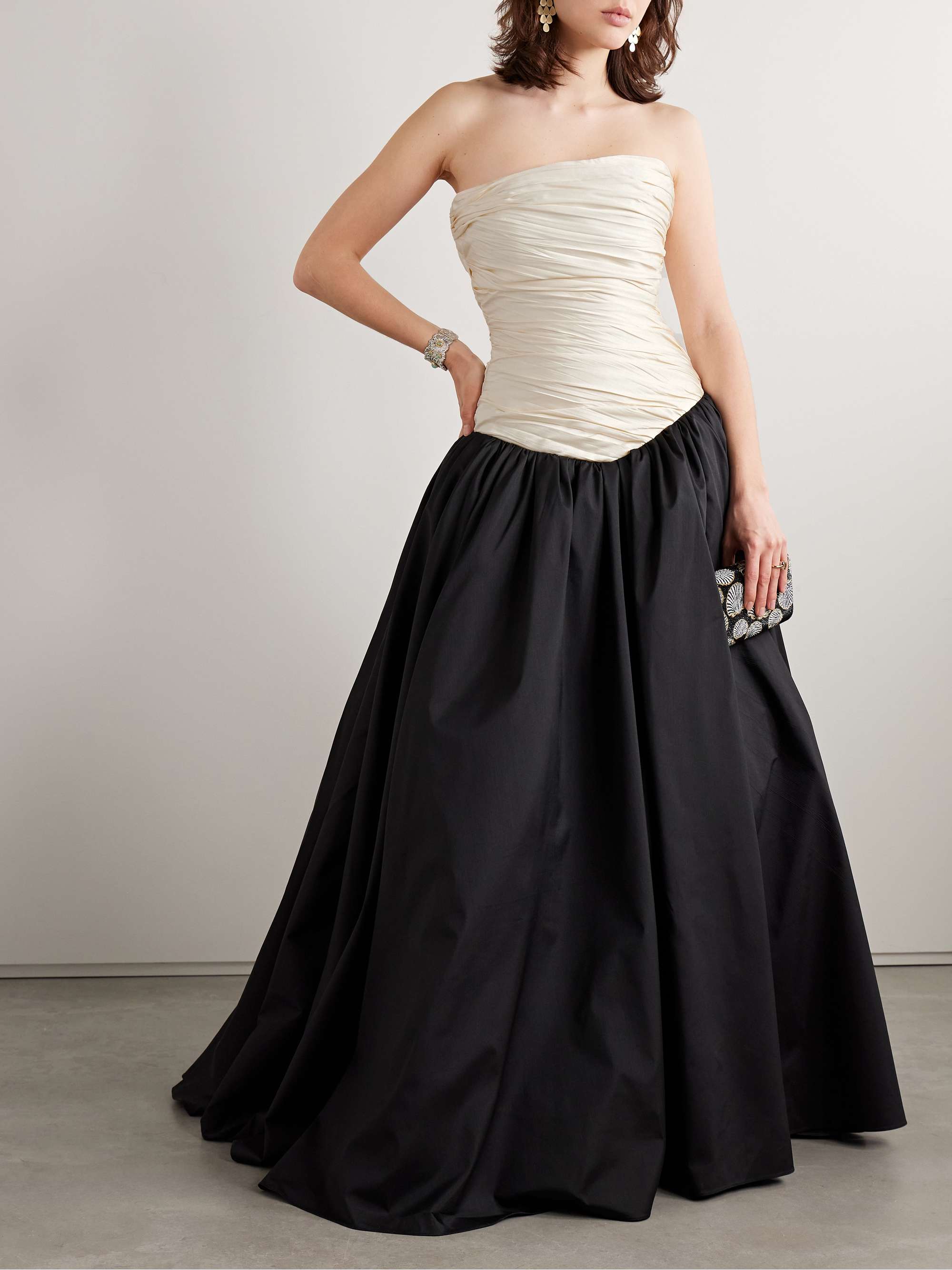 Strapless two-tone gathered plissé-mikado and taffeta gown view