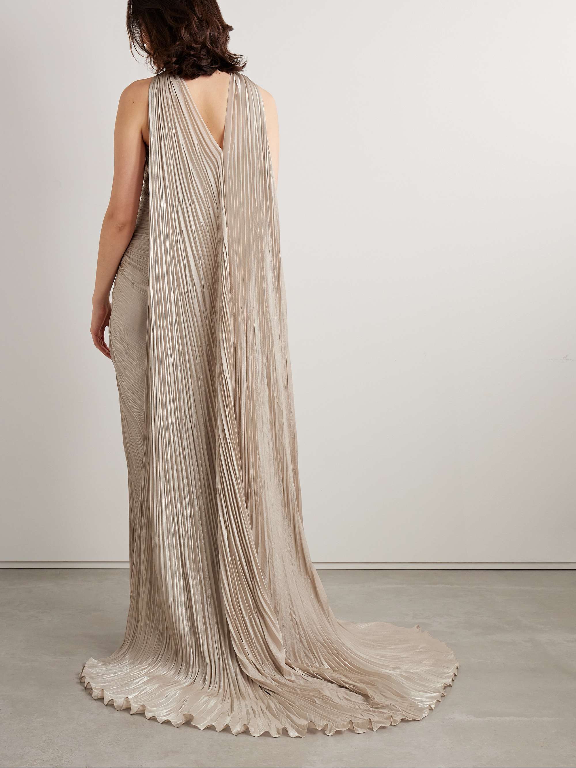 Strapless draped metallic plissé-silk gown and cape view