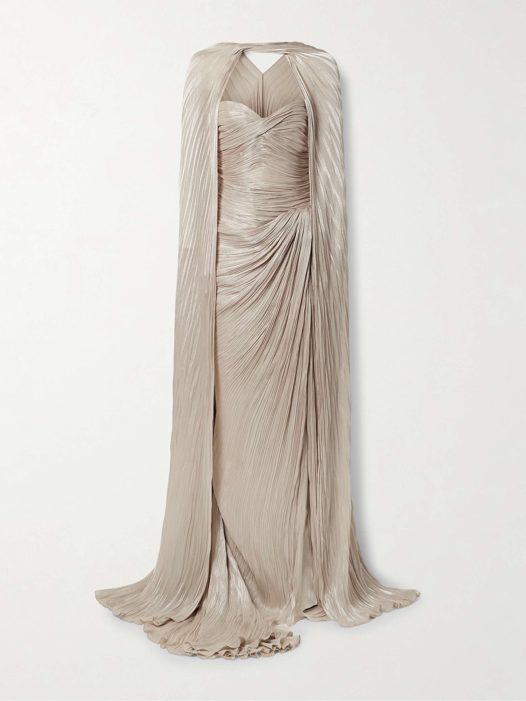 Strapless draped metallic plissé-silk gown and cape view
