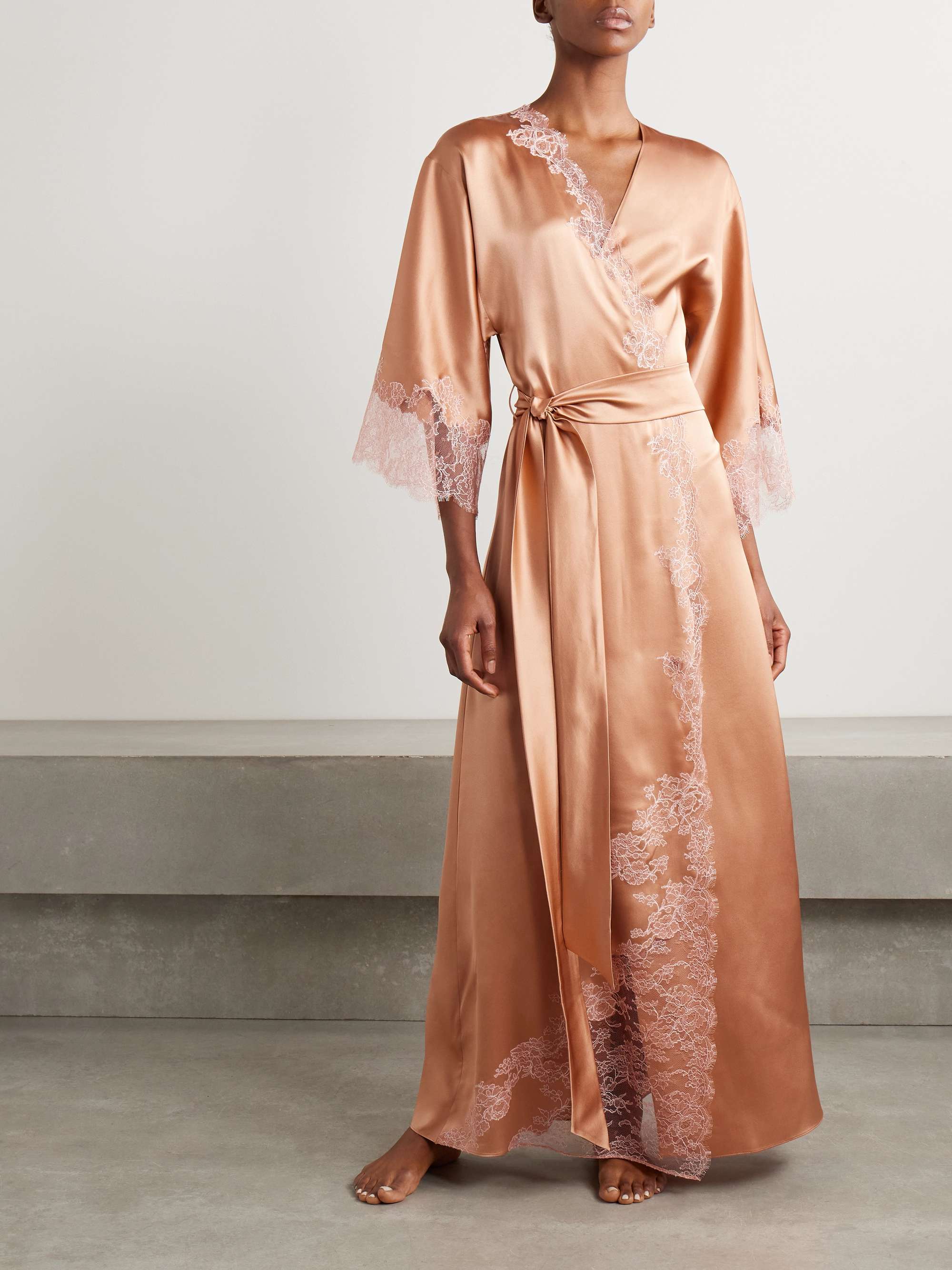 Belted Chantilly lace-trimmed silk-satin robe view