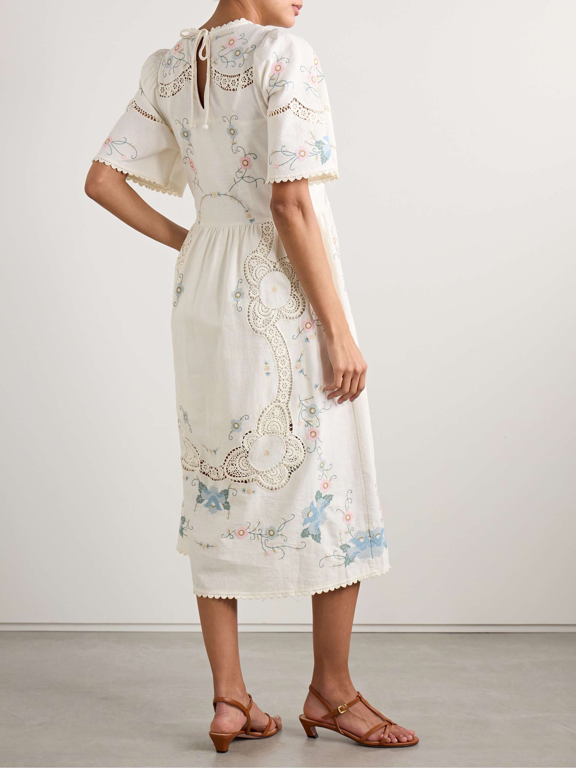 Vesna broderie anglaise-trimmed embroidered cotton and linen-blend midi dress view