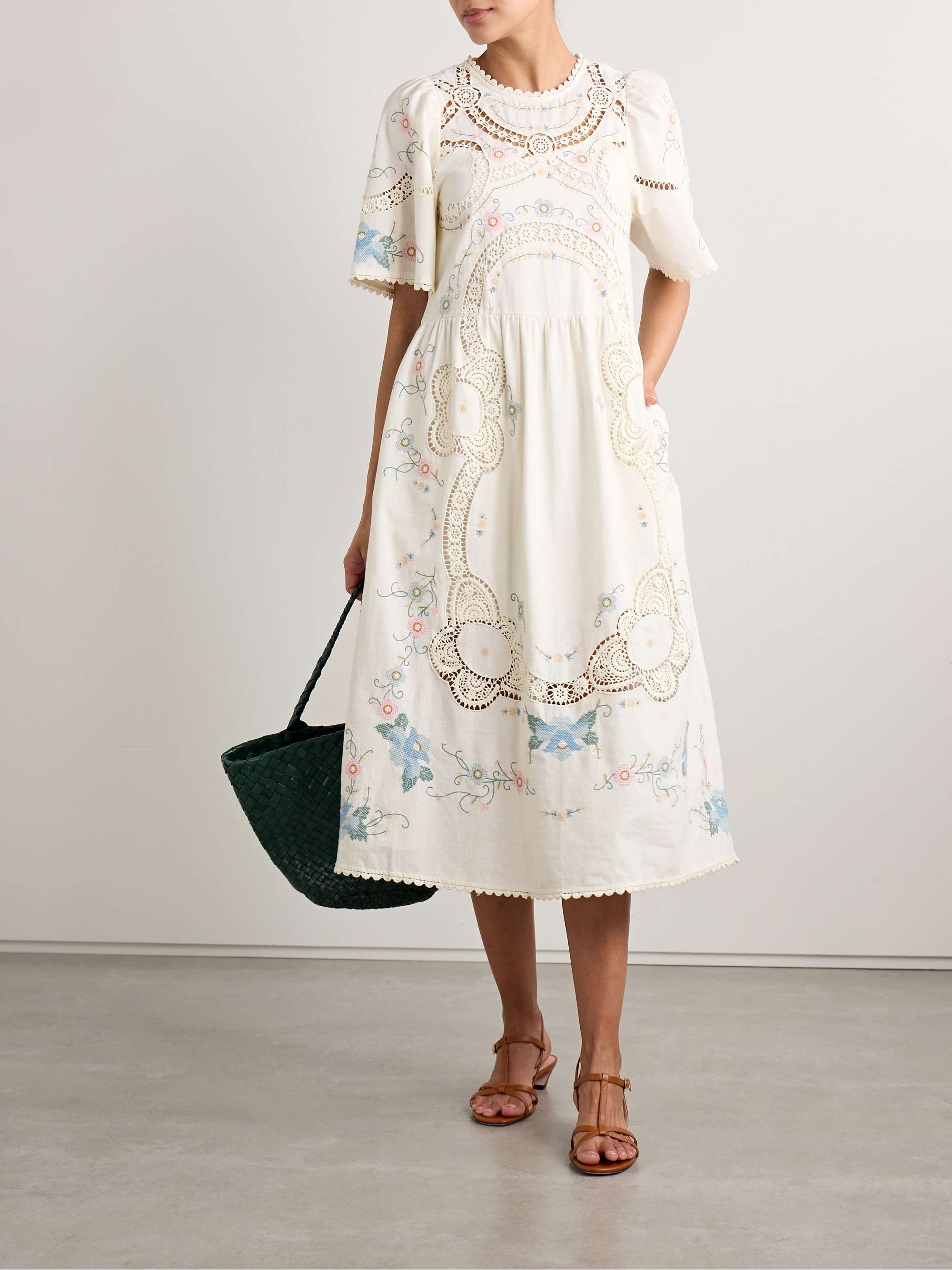 Vesna broderie anglaise-trimmed embroidered cotton and linen-blend midi dress view