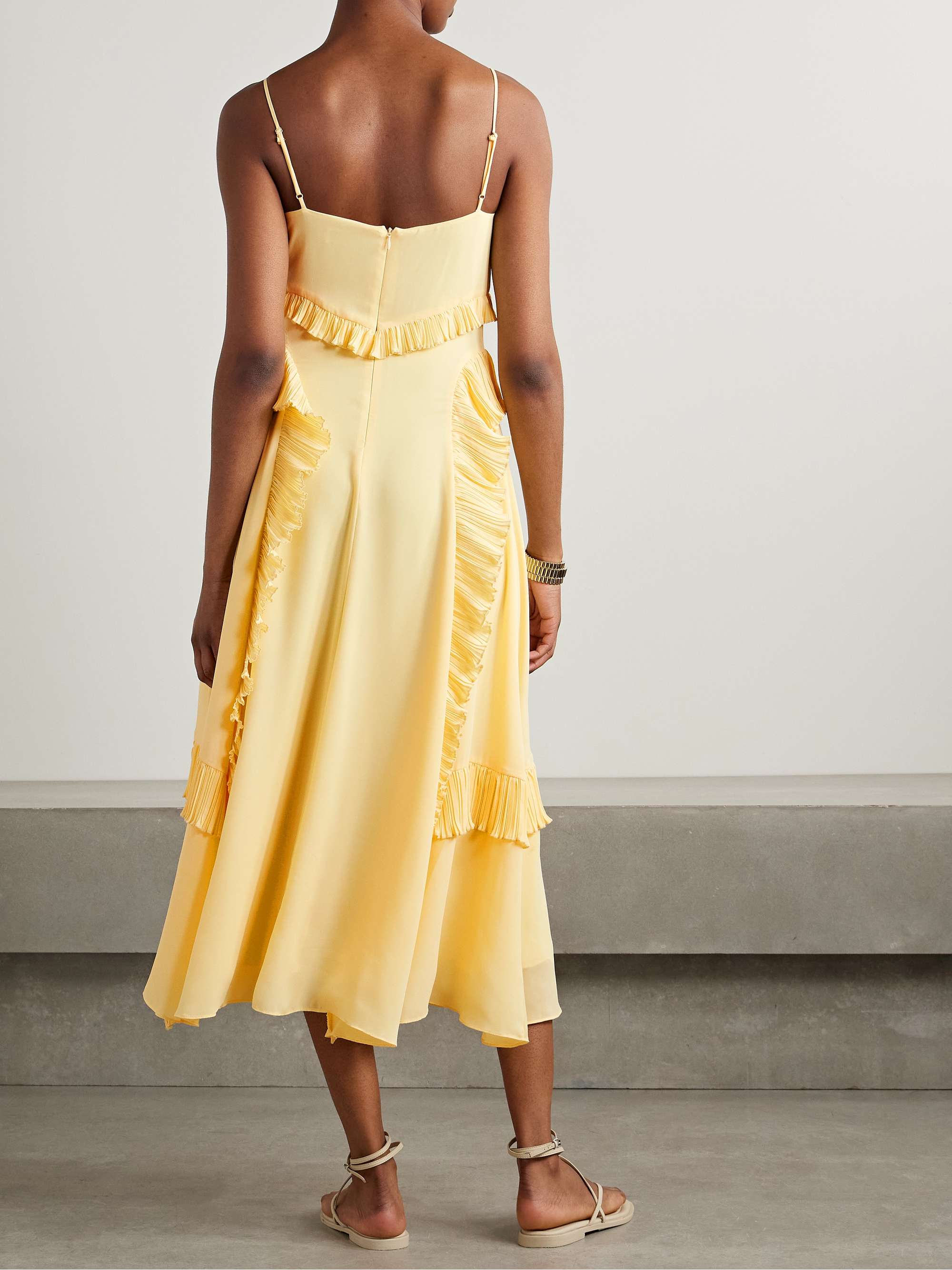 Delilah ruffled plissé-trimmed crepe de chine midi dress view