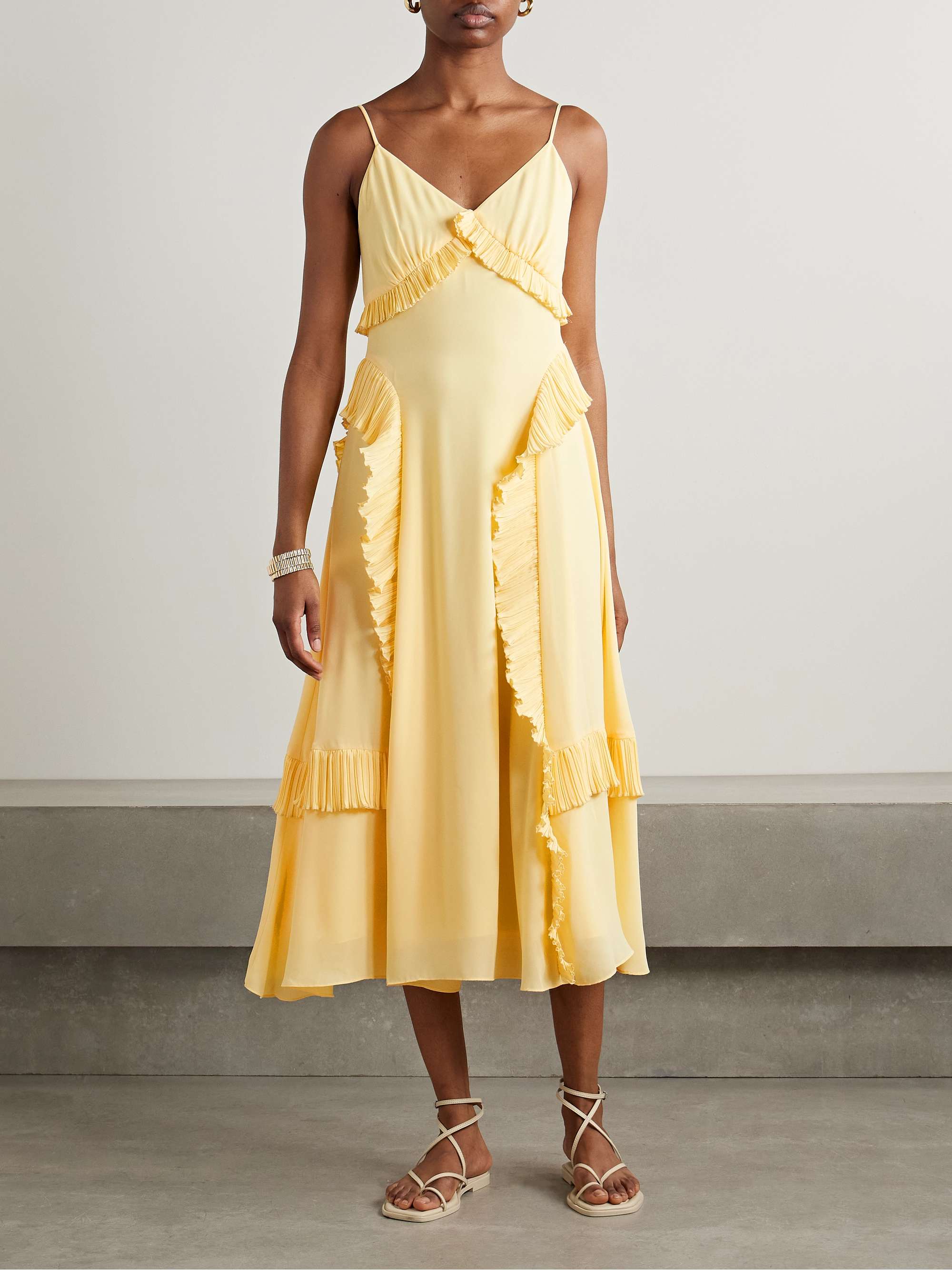 Delilah ruffled plissé-trimmed crepe de chine midi dress view