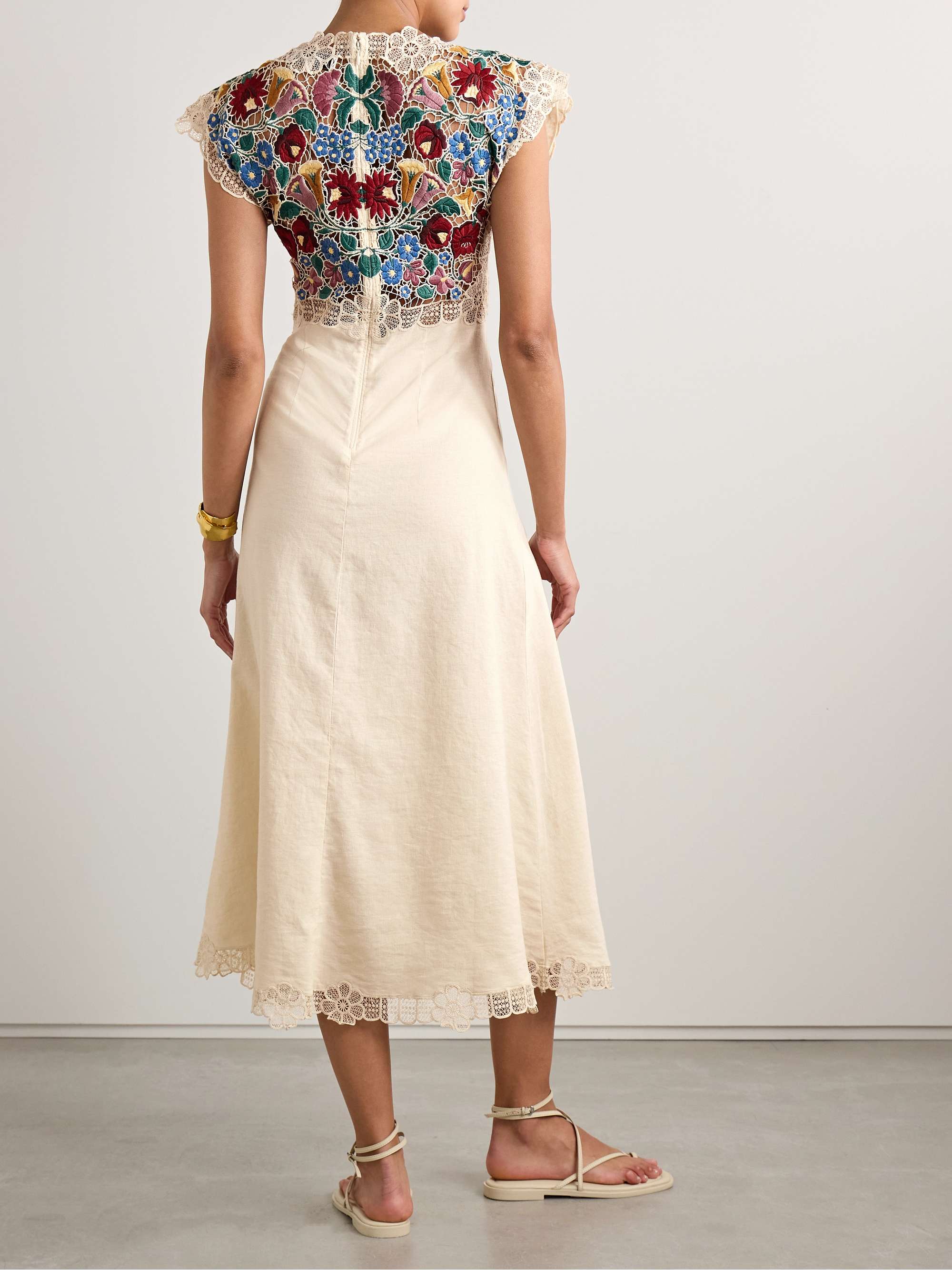 Katharine guipure lace-trimmed embroidered linen and cotton-blend midi dress view