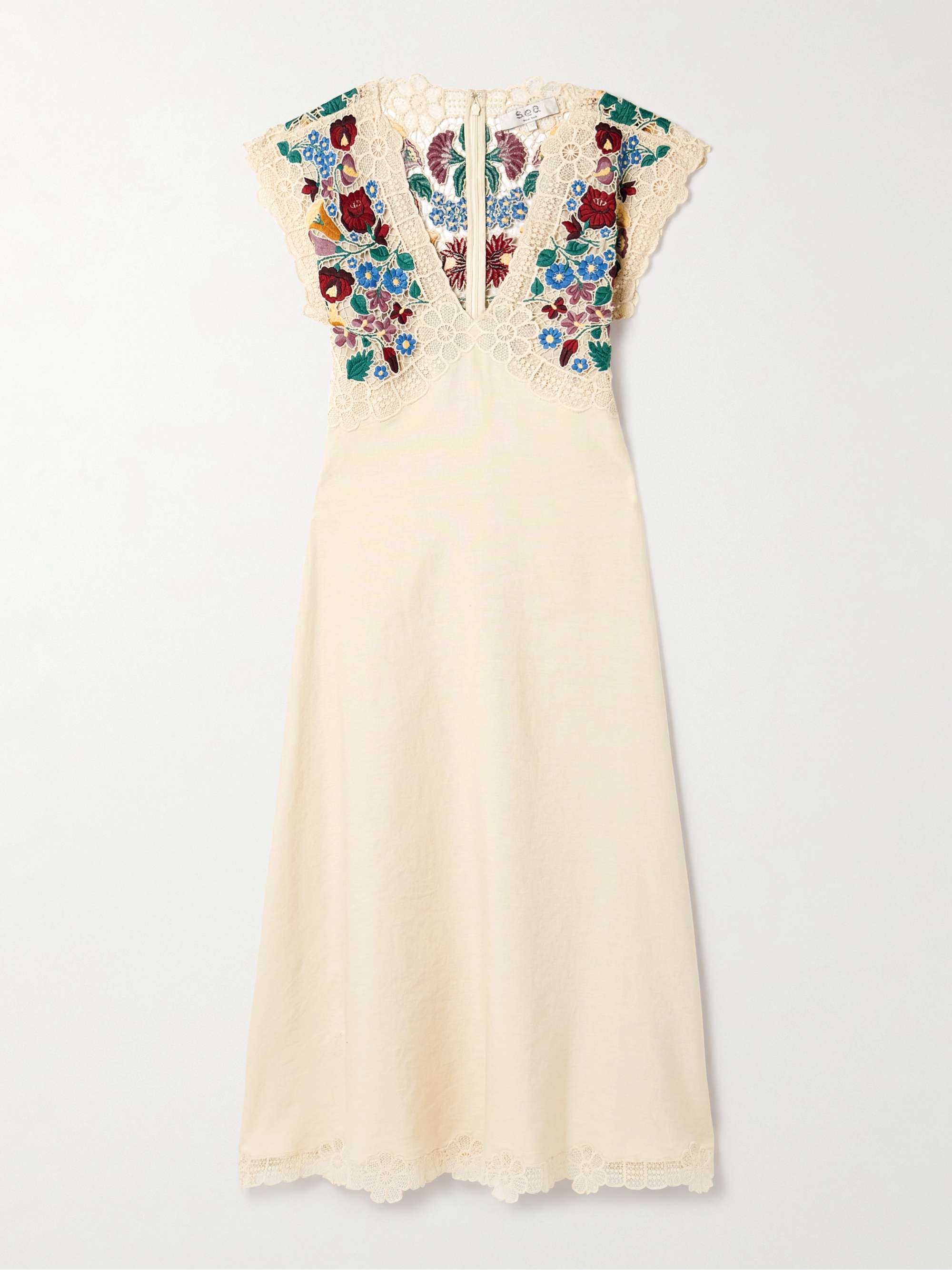 Katharine guipure lace-trimmed embroidered linen and cotton-blend midi dress view