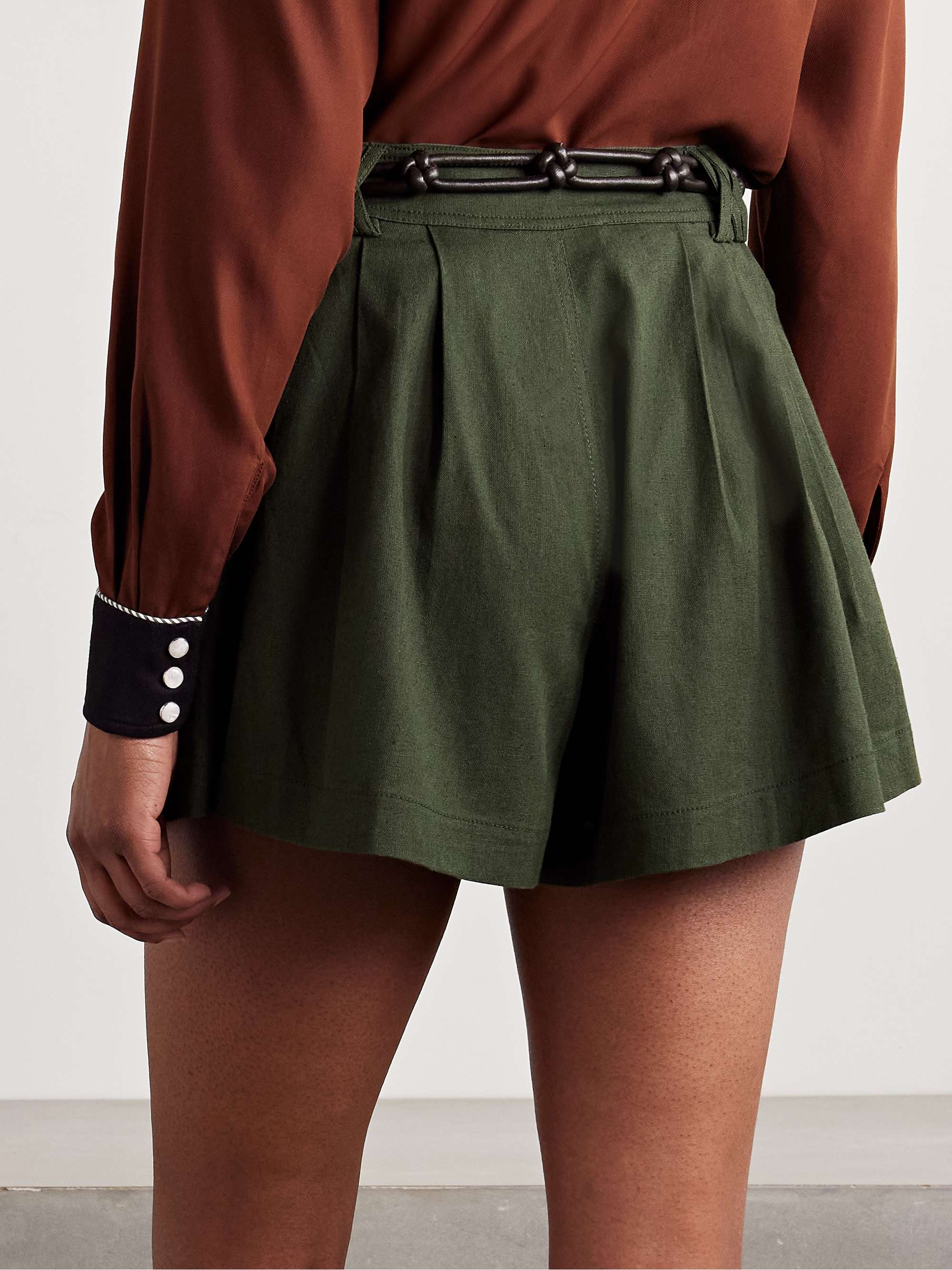 Shai belted pleated cotton and linen-blend shorts view