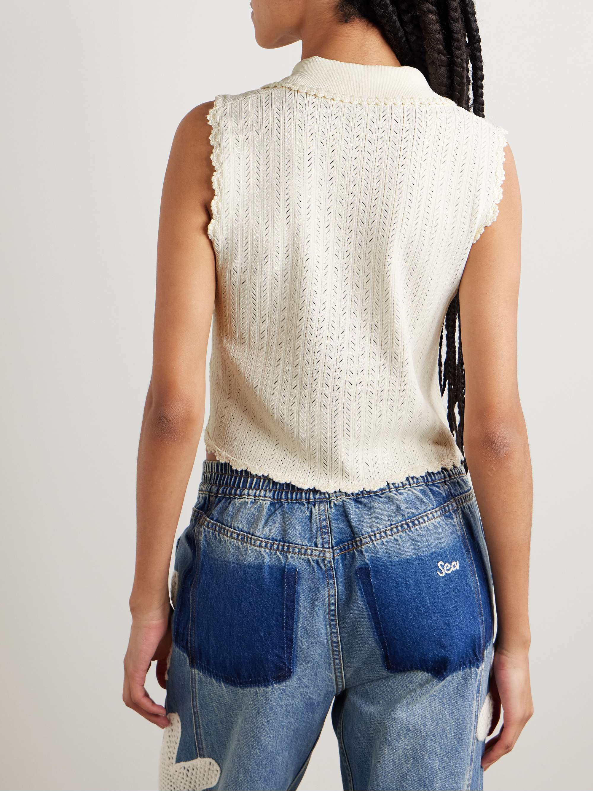 Abbie tie-front crocheted cotton-trimmed pointelle-knit top view
