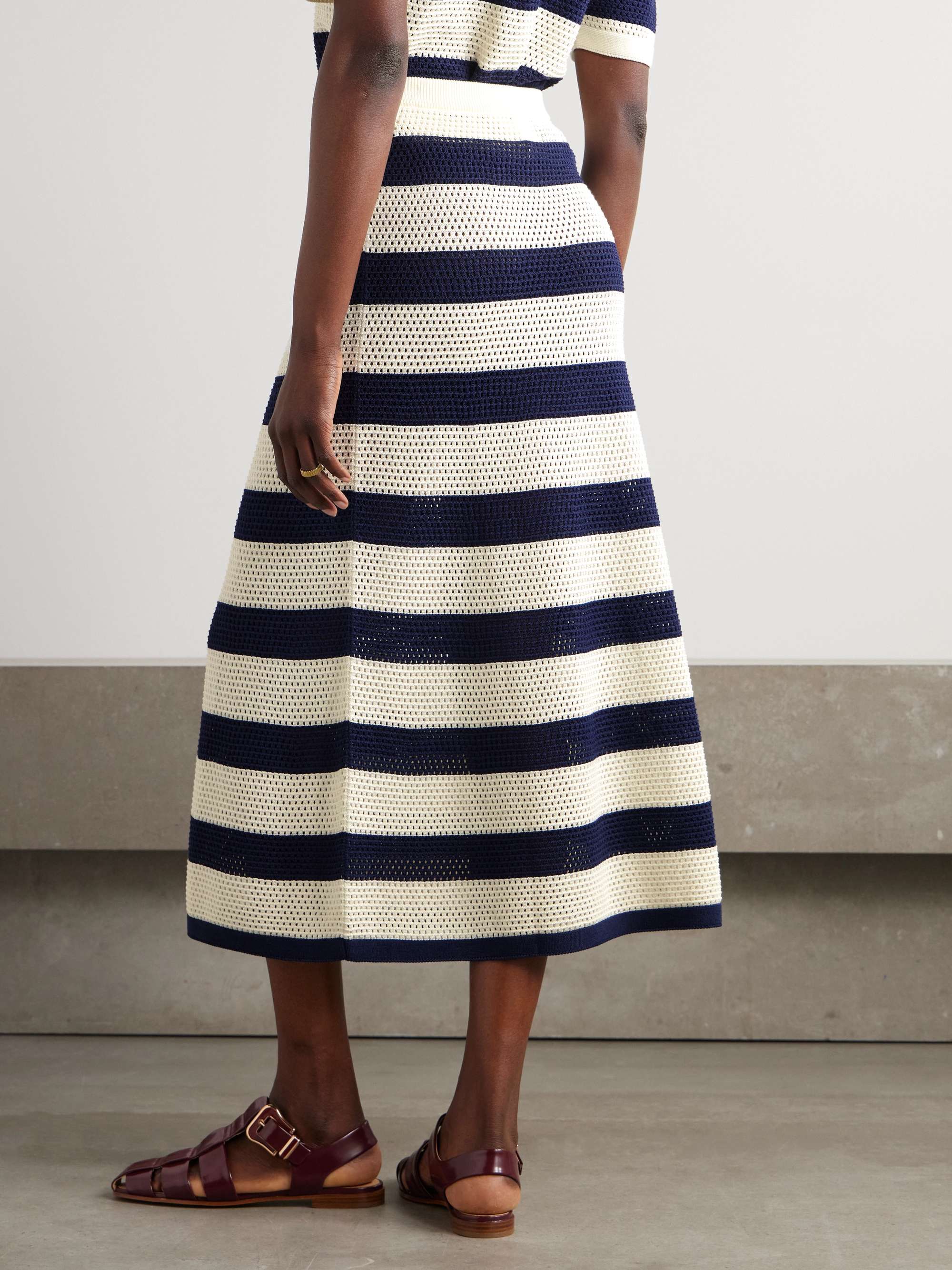 Bayadere Bateau striped open-knit cotton-blend midi skirt view