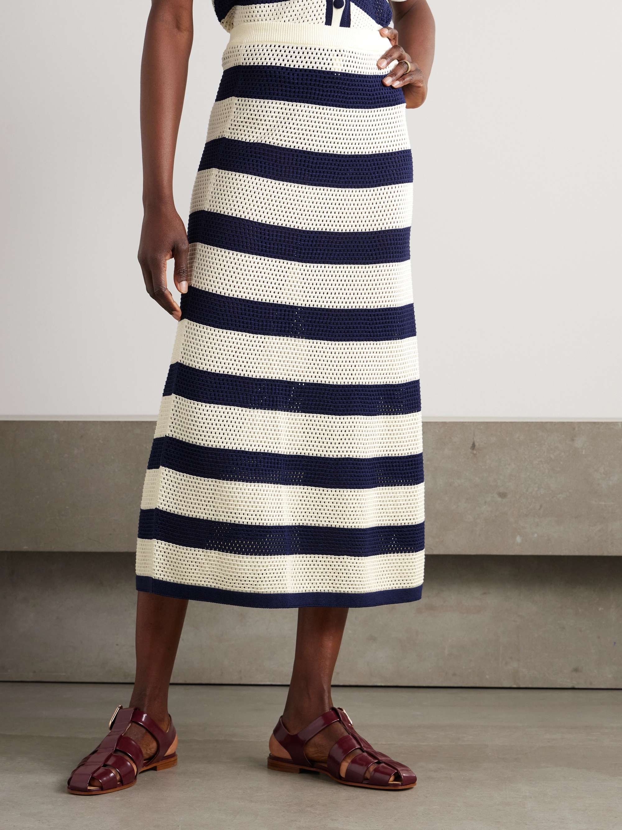 Bayadere Bateau striped open-knit cotton-blend midi skirt view