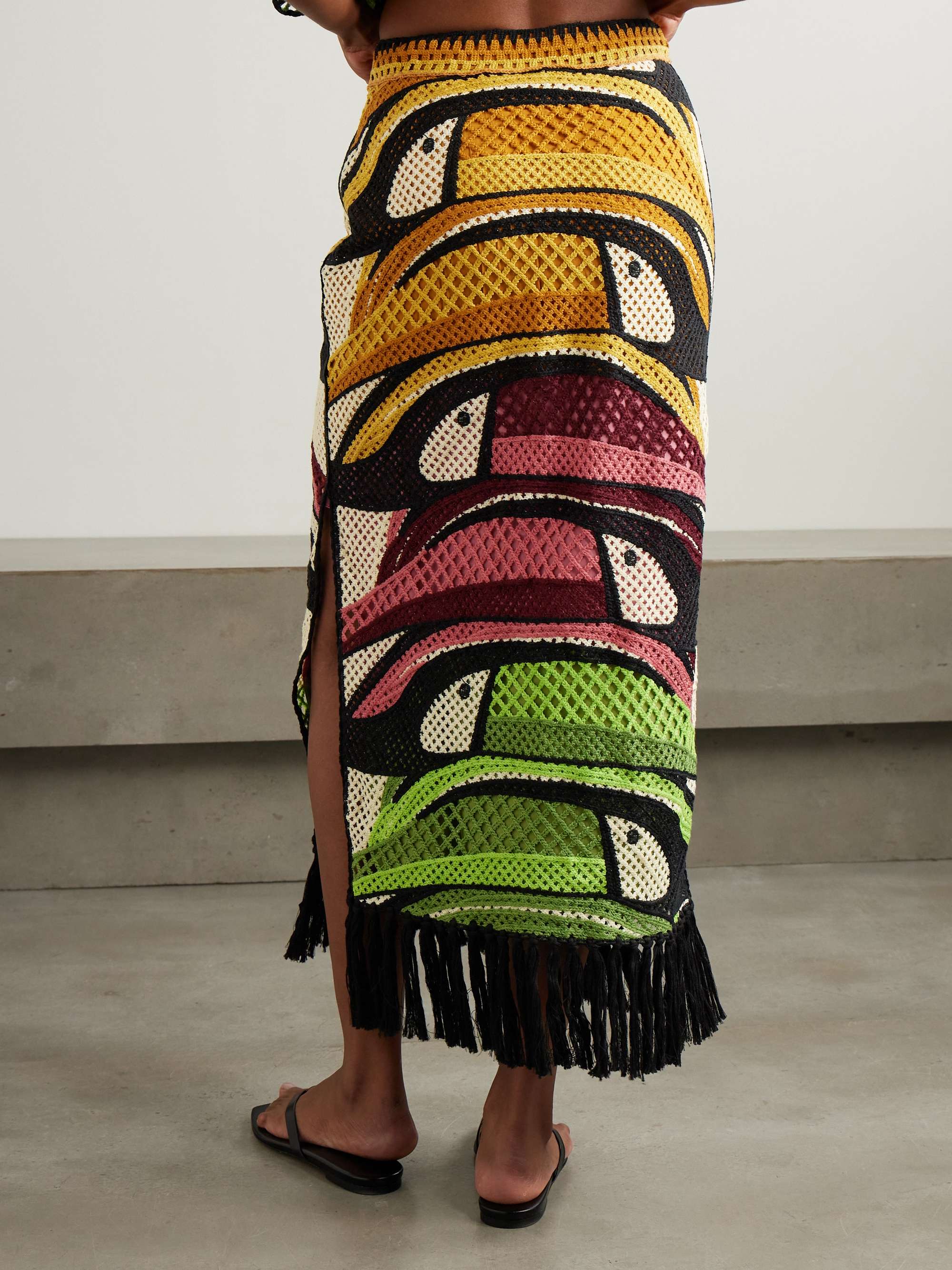 Toucan Tree fringed printed crocheted maxi skirt view