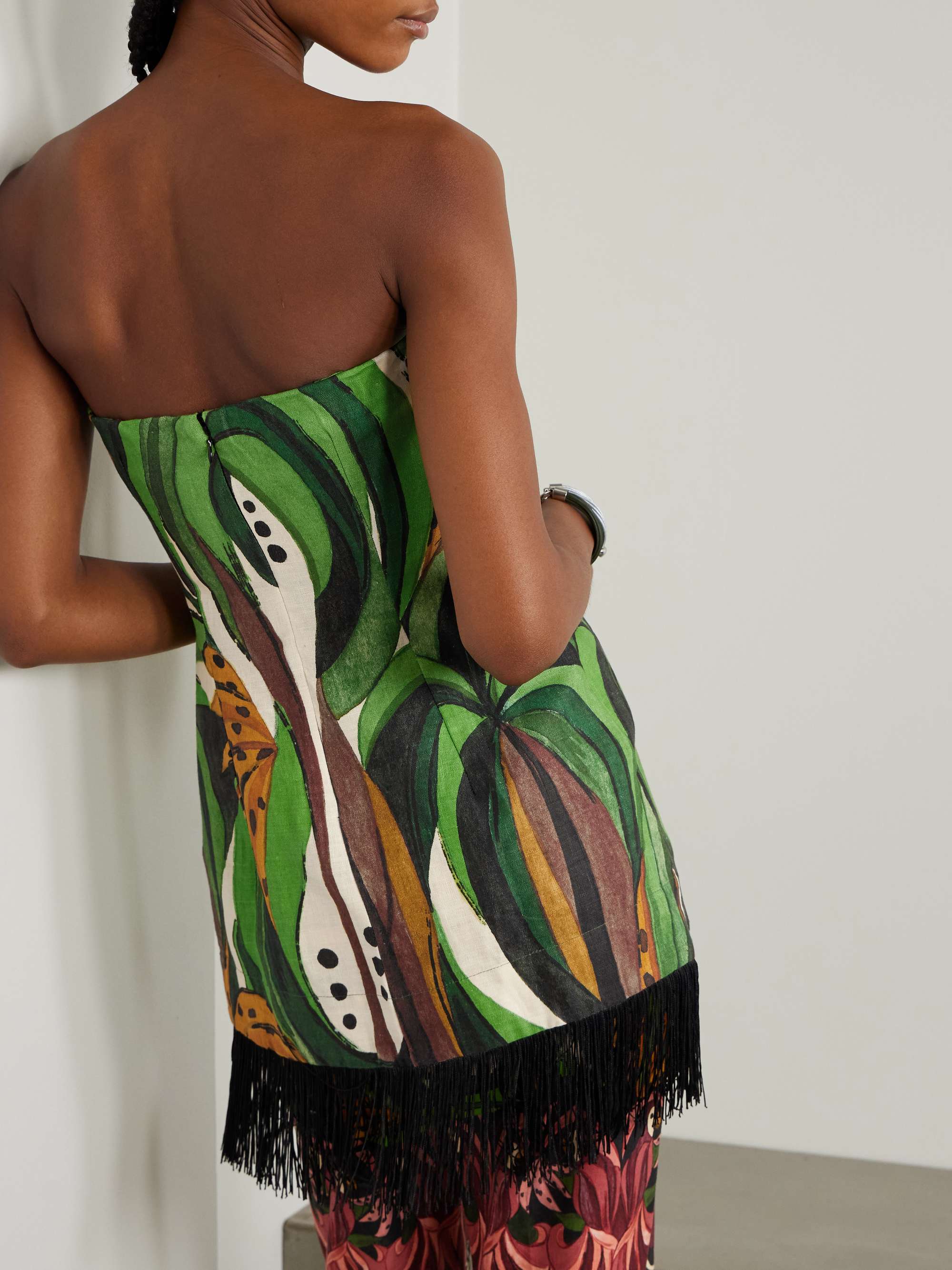 Coconut Tree Flow strapless fringed printed linen top view