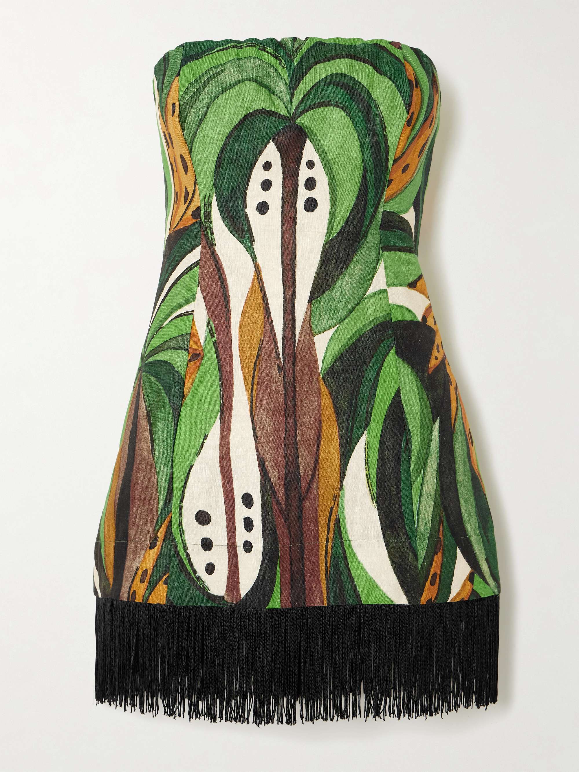 Coconut Tree Flow strapless fringed printed linen top view