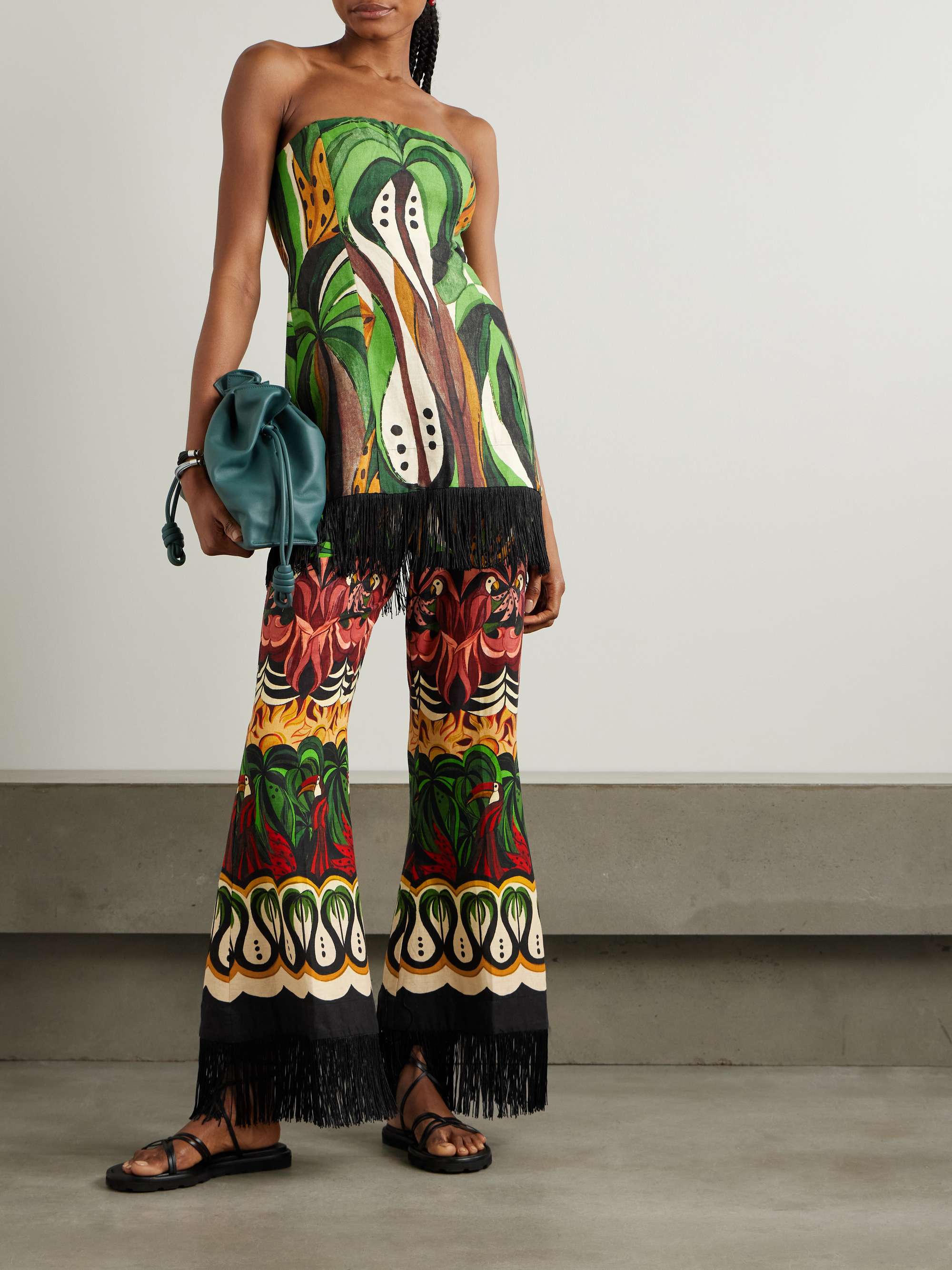 Coconut Tree Flow strapless fringed printed linen top view