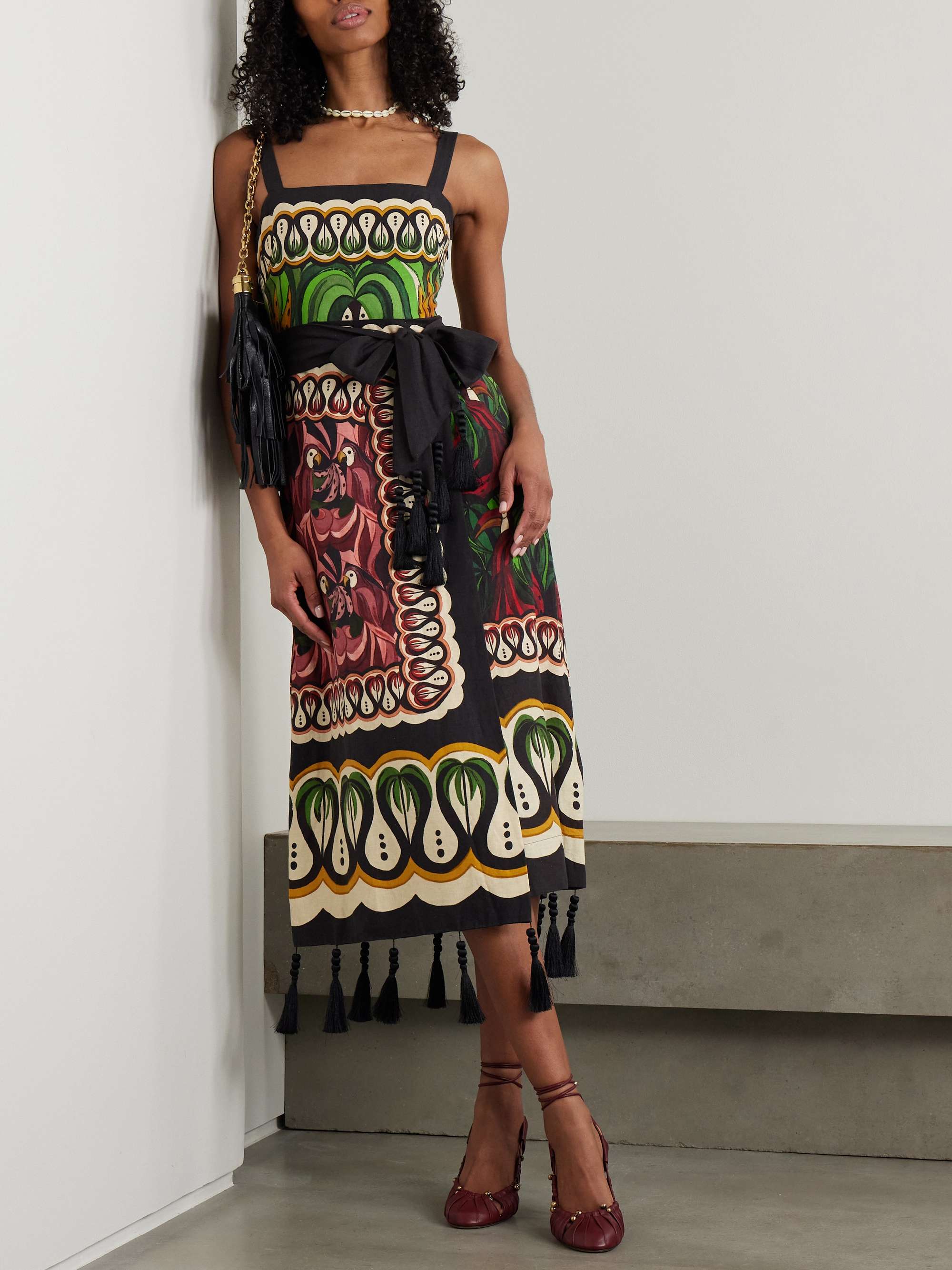 Coconut Tree Flow belted tasseled linen-blend midi dress view