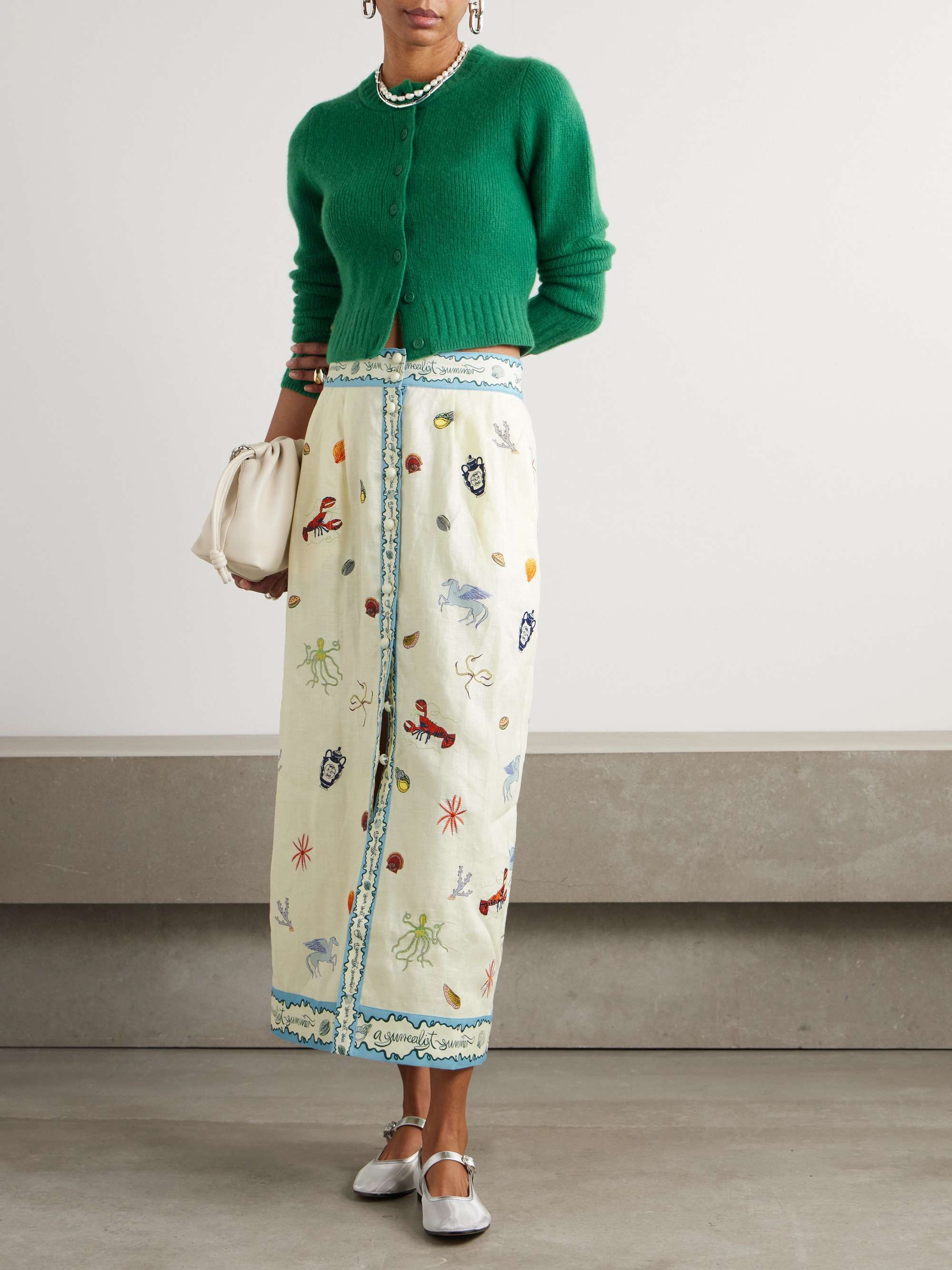 Sandy embroidered printed linen midi skirt view