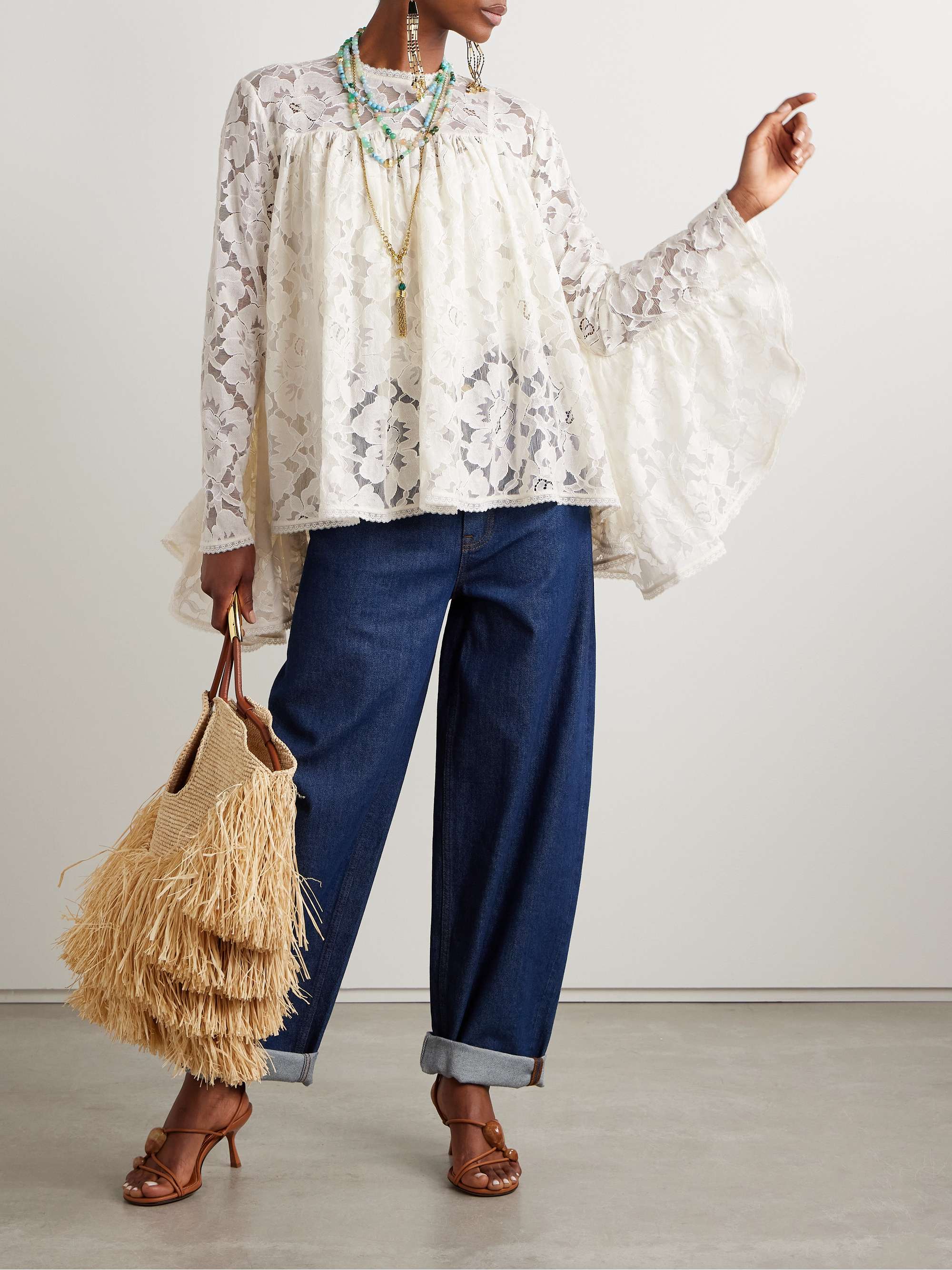 Illuminate gathered cotton-blend lace blouse view