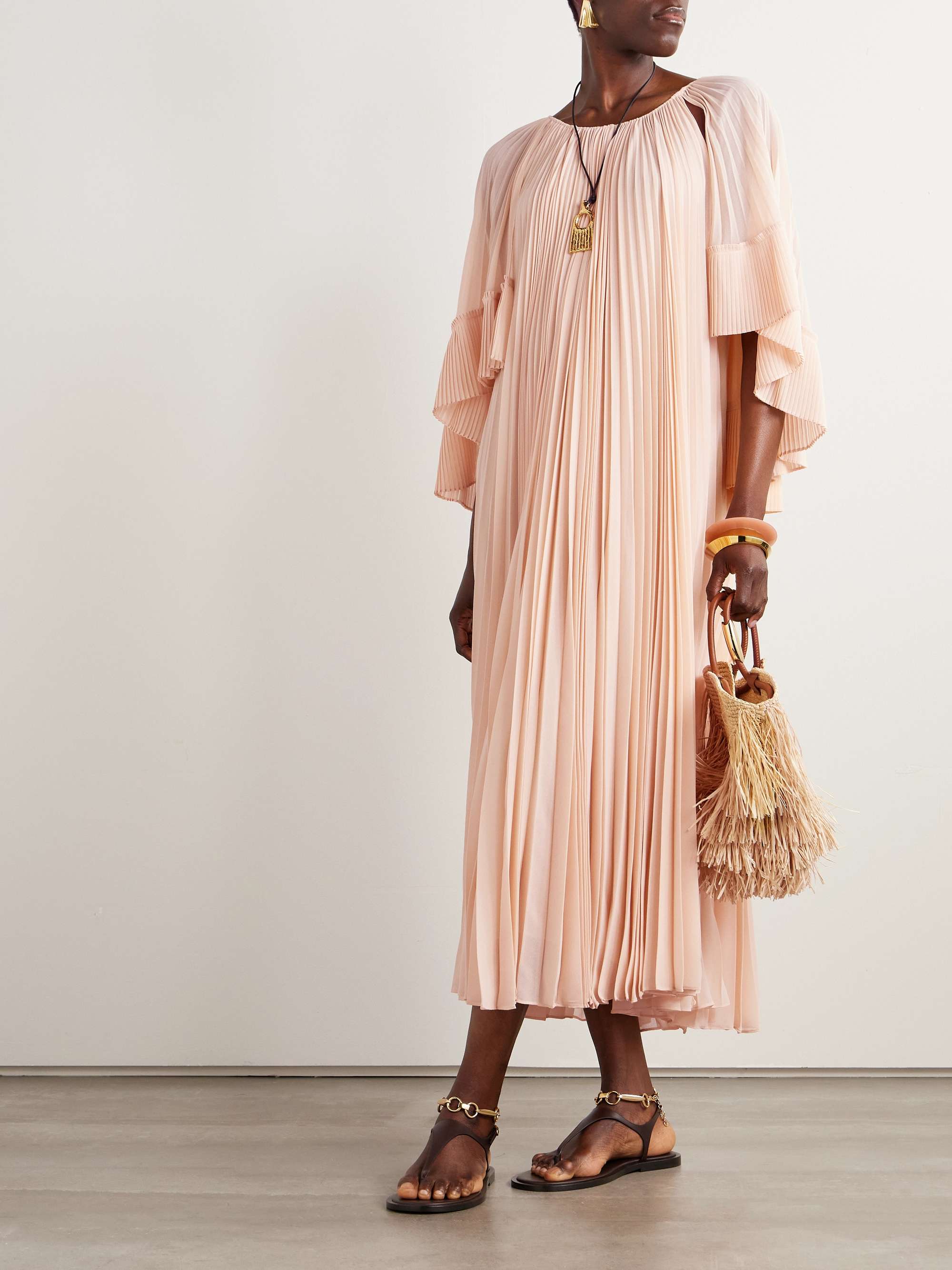 Illuminate cape-effect pleated crepe de chine maxi dress view