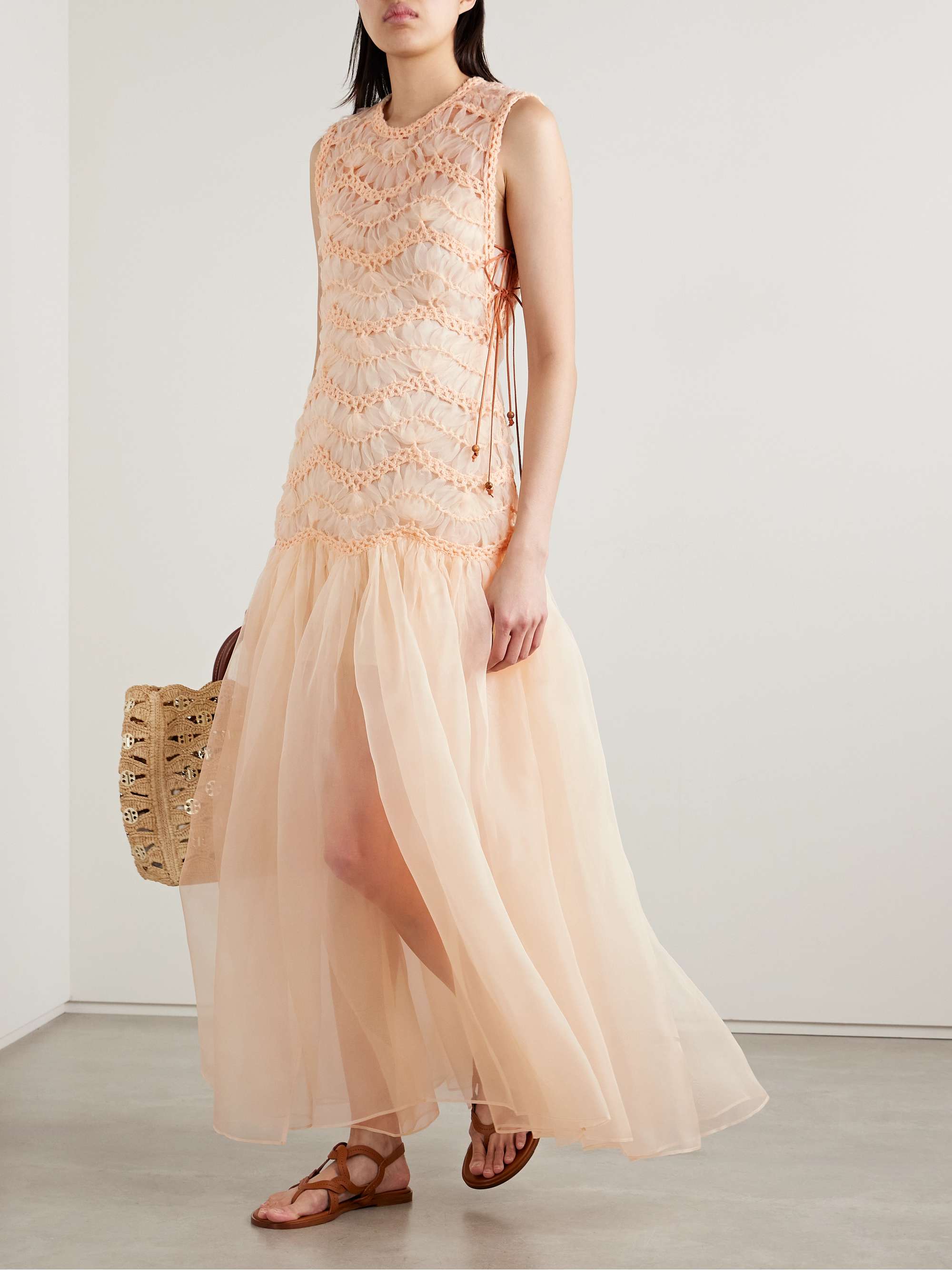 Illuminate macramé and tulle-trimmed gathered silk-organza gown view