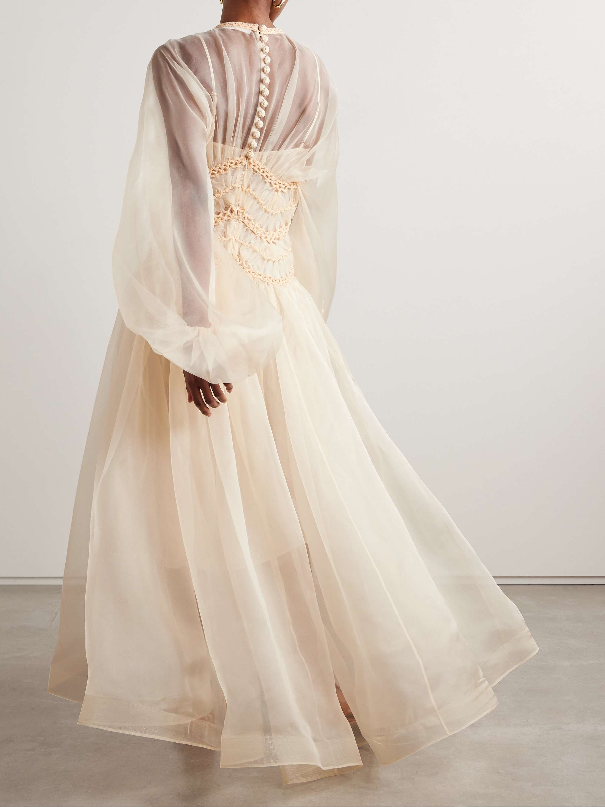 Illuminate macramé and tulle-trimmed pleated silk-organza gown view