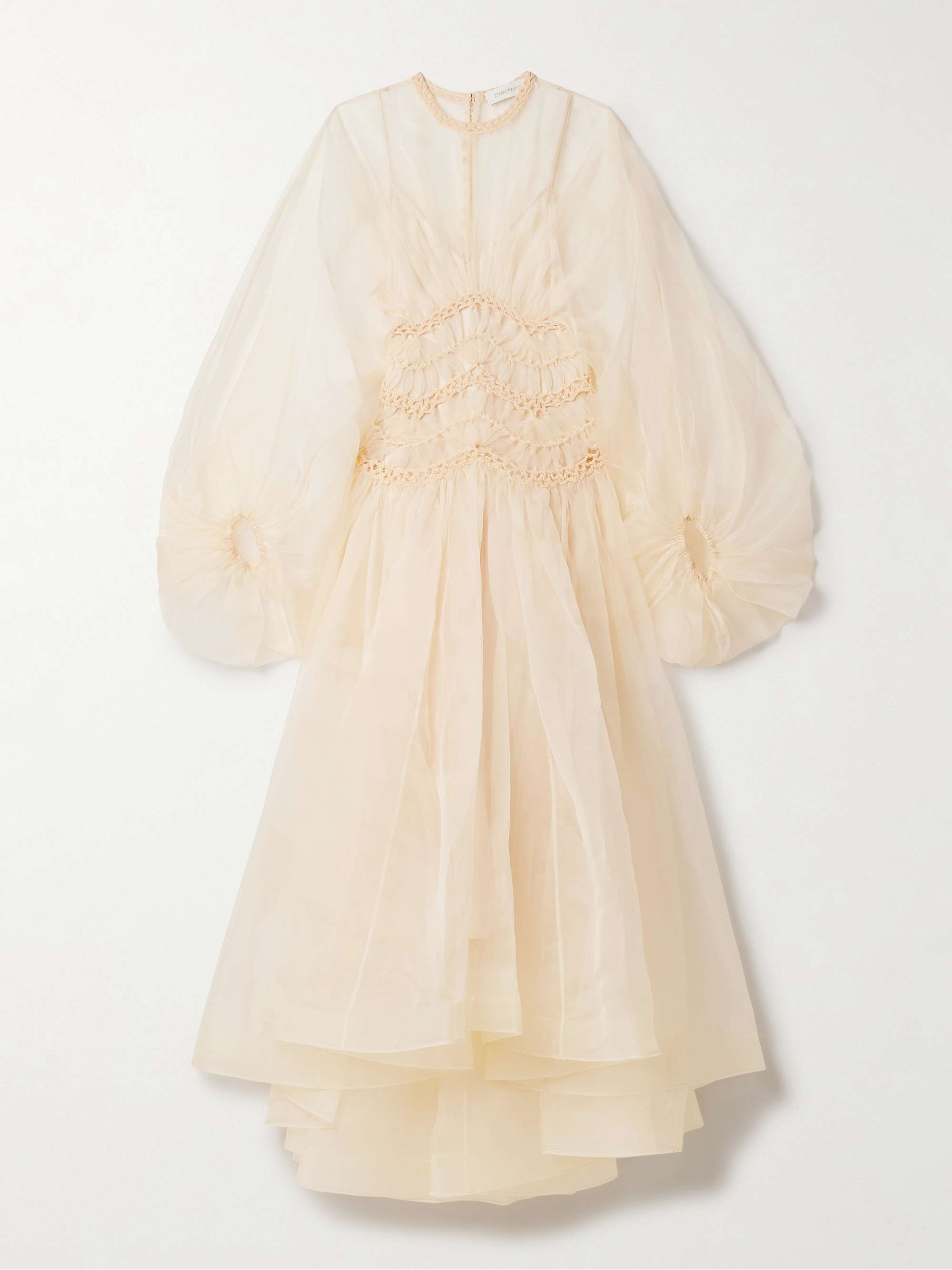 Illuminate macramé and tulle-trimmed pleated silk-organza gown view