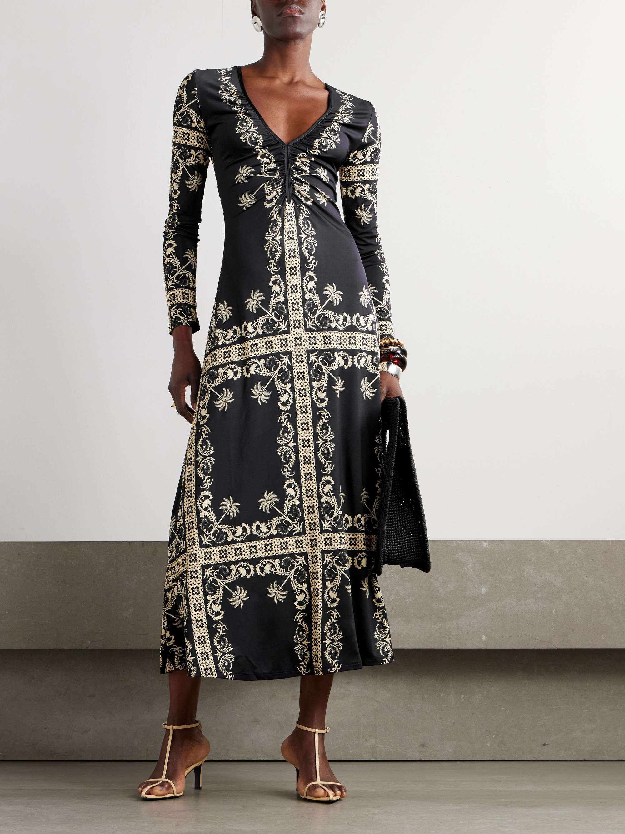 Alma Bordada gathered printed stretch-jersey midi dress view