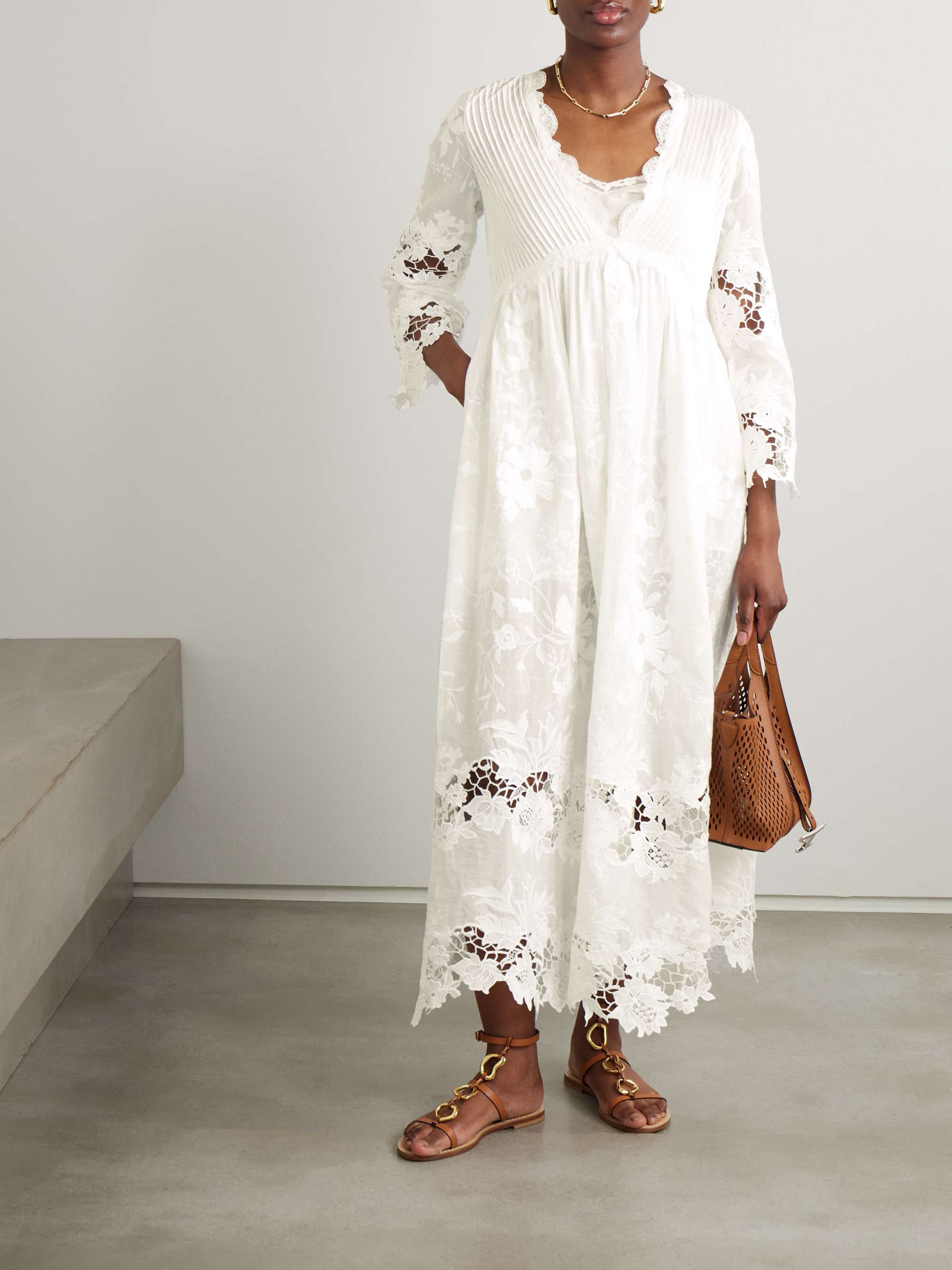 Capoliveri pintucked embroidered cotton-voile and lace maxi dress view