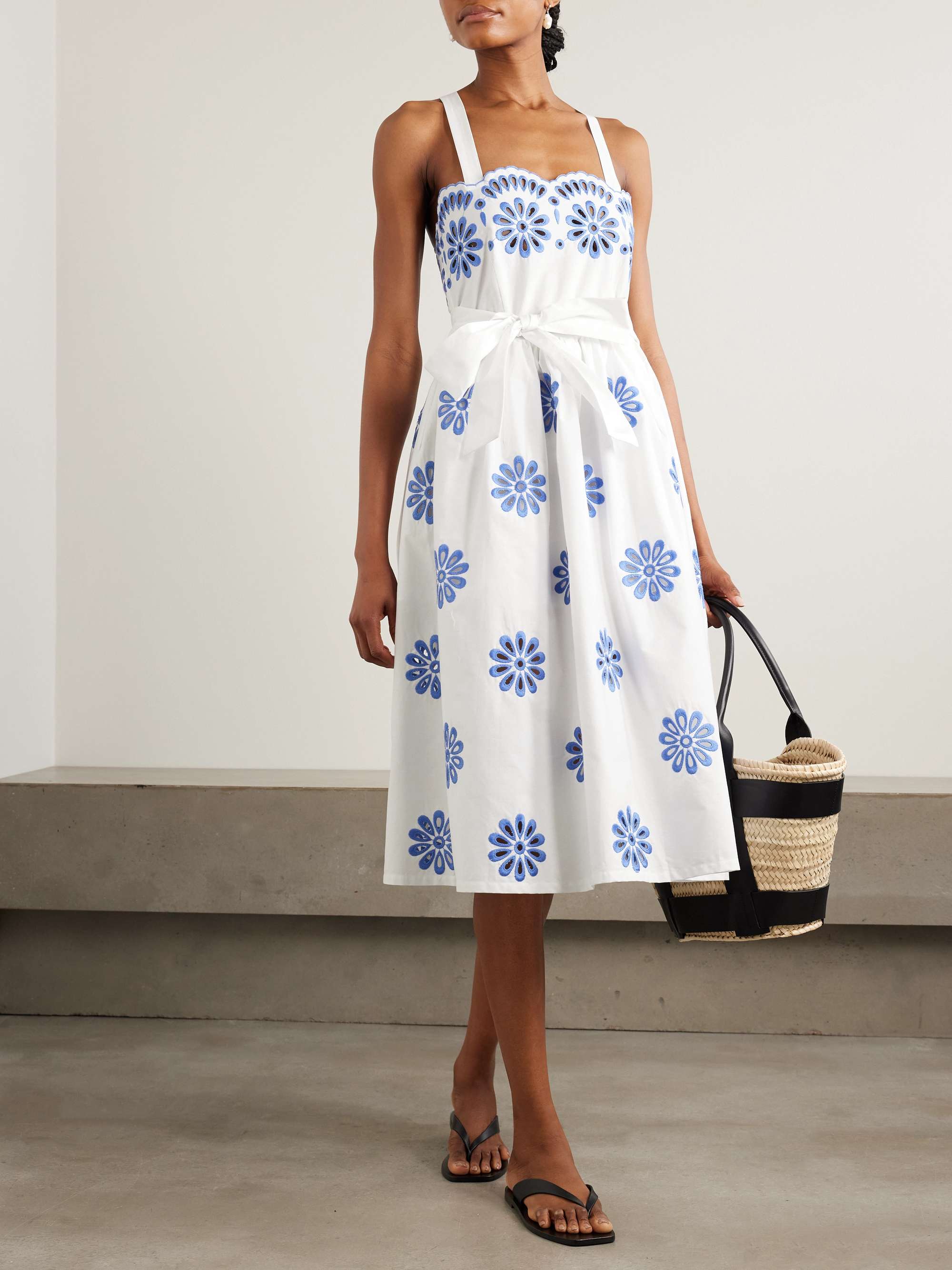 Belted scalloped broderie anglaise cotton midi dress view