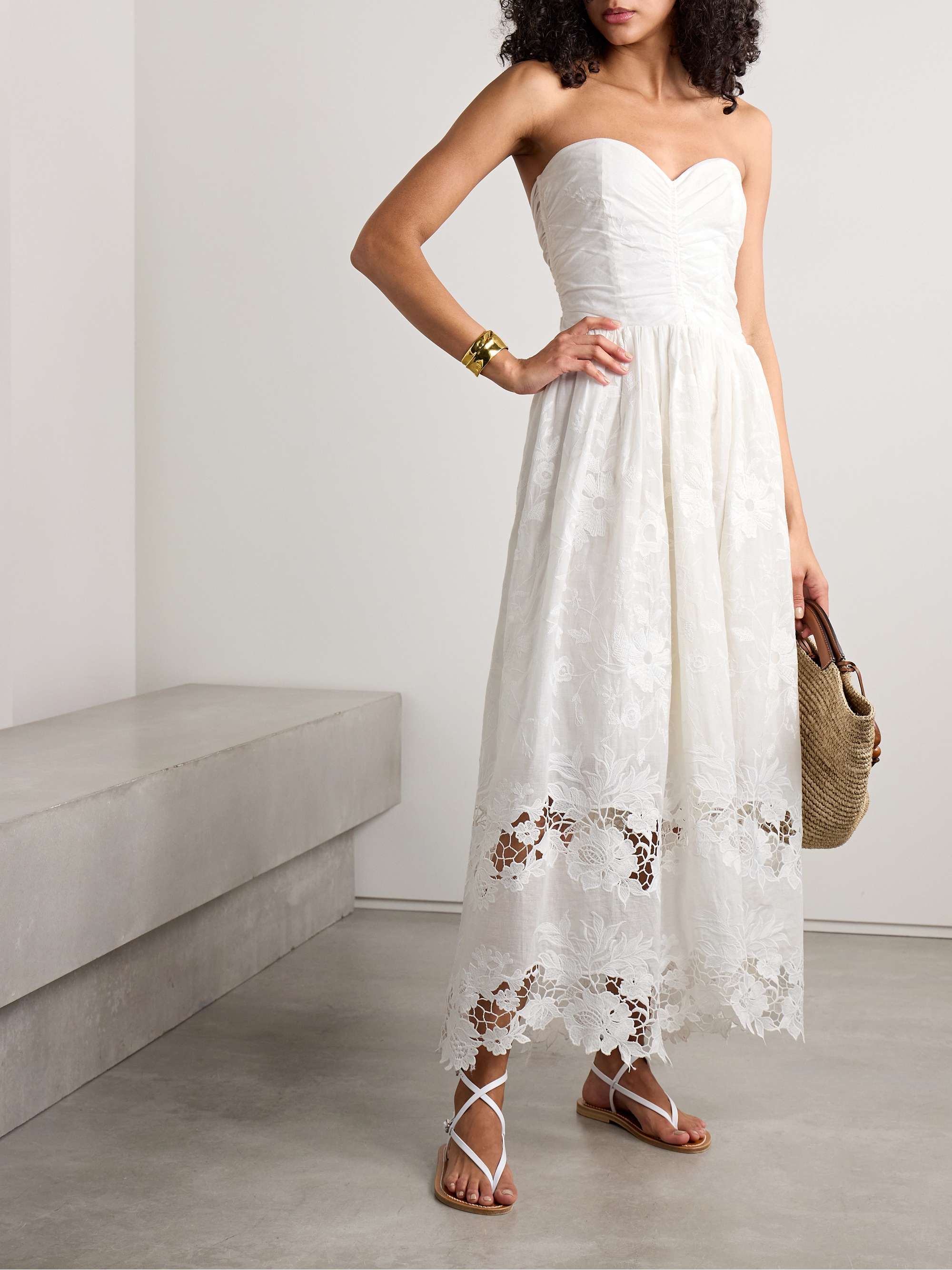 Desideria strapless guipure lace-trimmed embroidered cotton-voile midi dress view